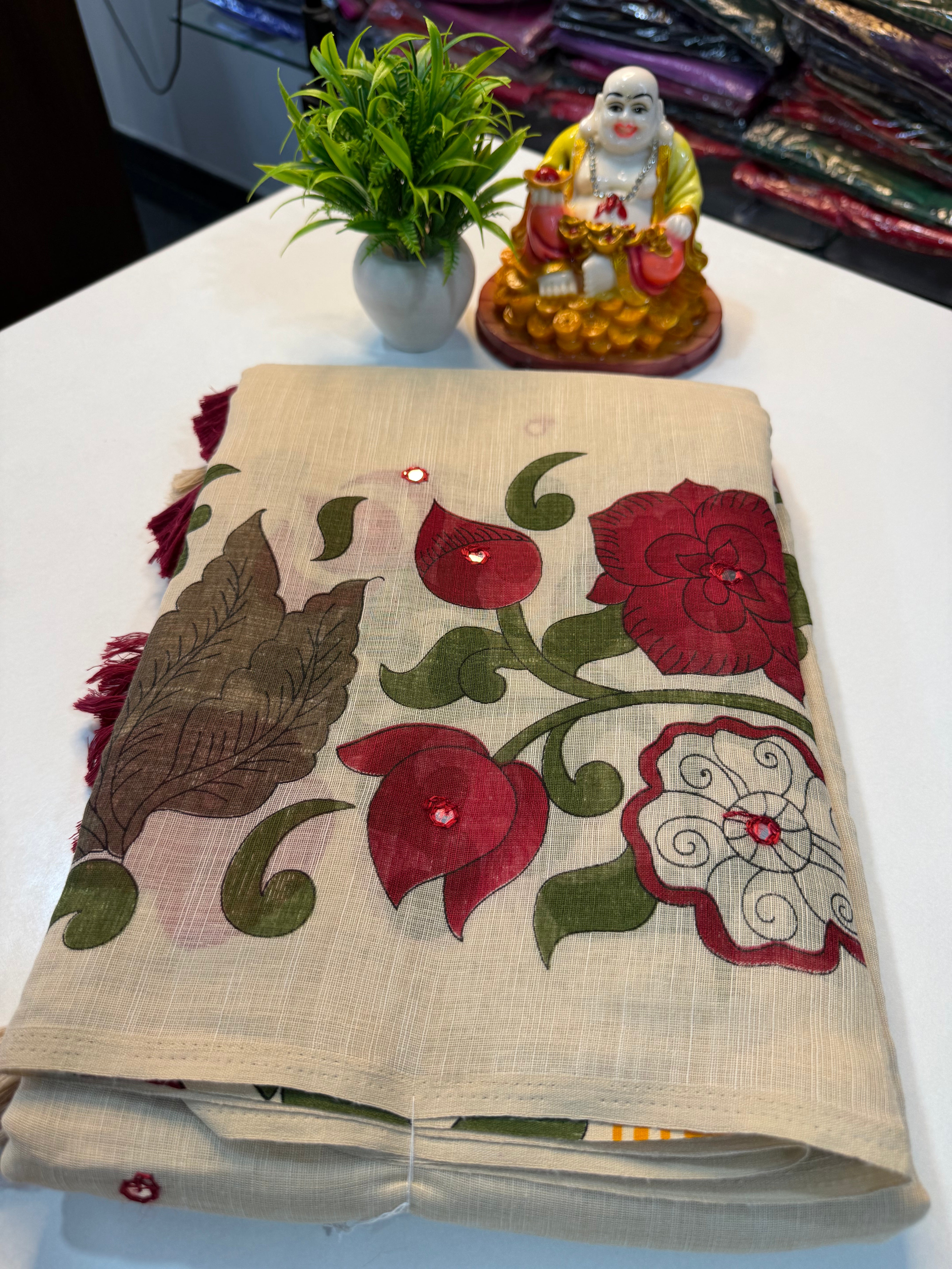 Premium Linen Cotton Saree with Kalamkari Design…