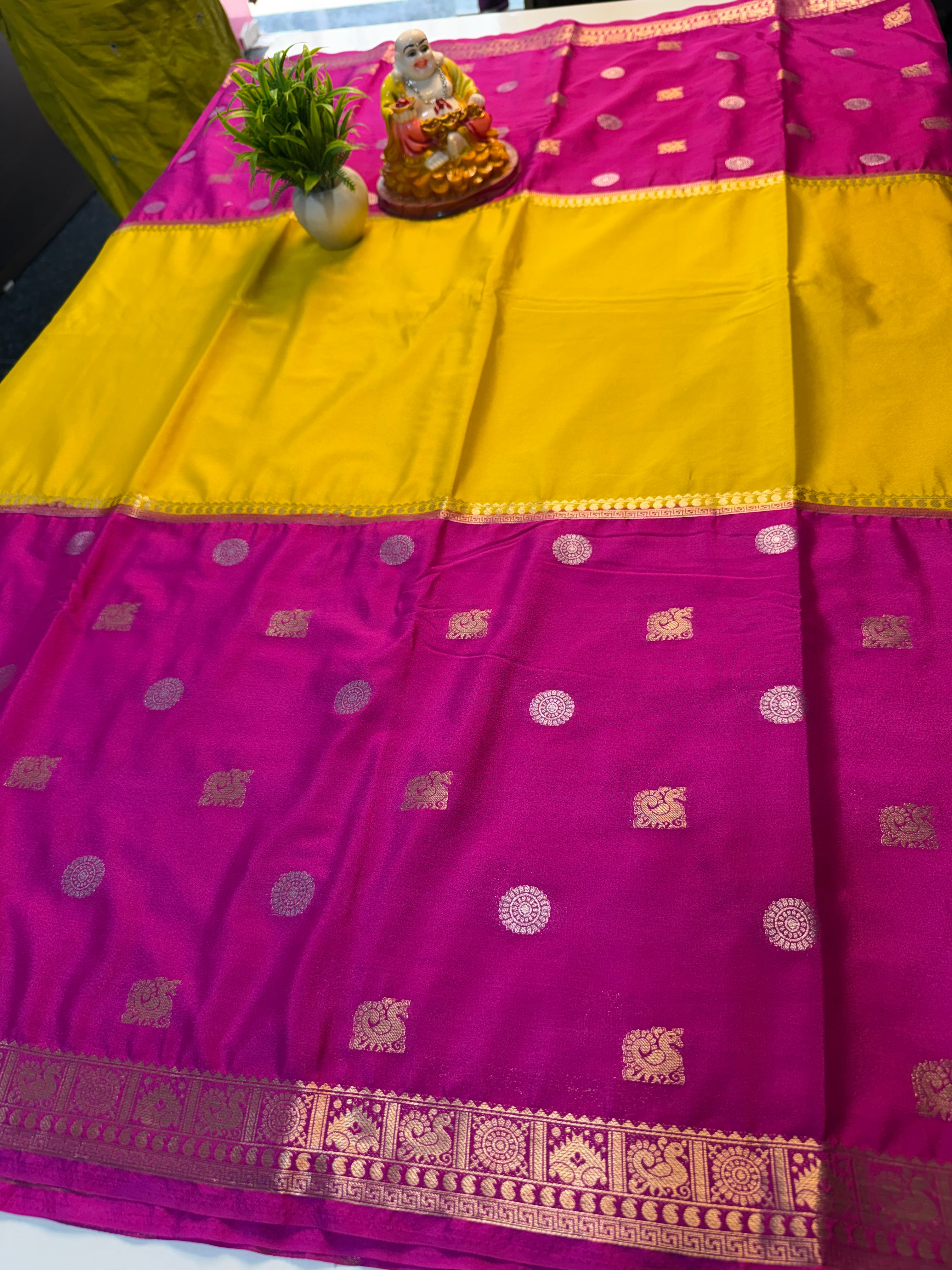 Premium Mysore Crepe Silk Saree with Peacock Buttas & Chit Pallu…