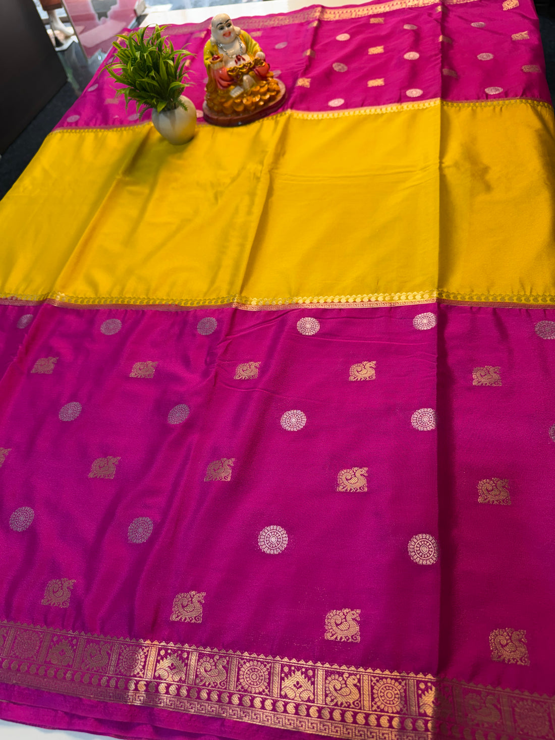 Premium Mysore Crepe Silk Saree with Peacock Buttas & Chit Pallu…