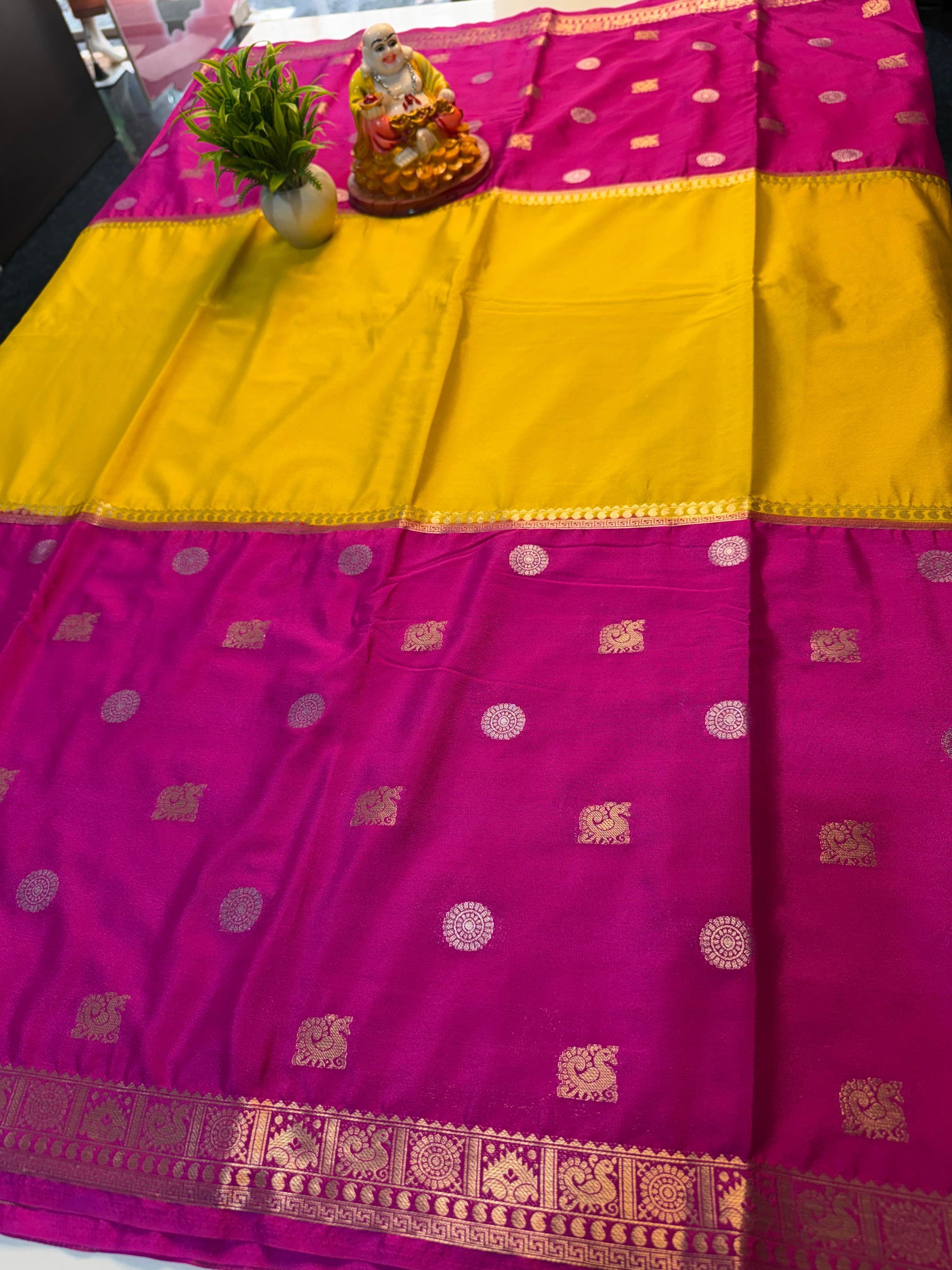 Premium Mysore Crepe Silk Saree with Peacock Buttas & Chit Pallu…