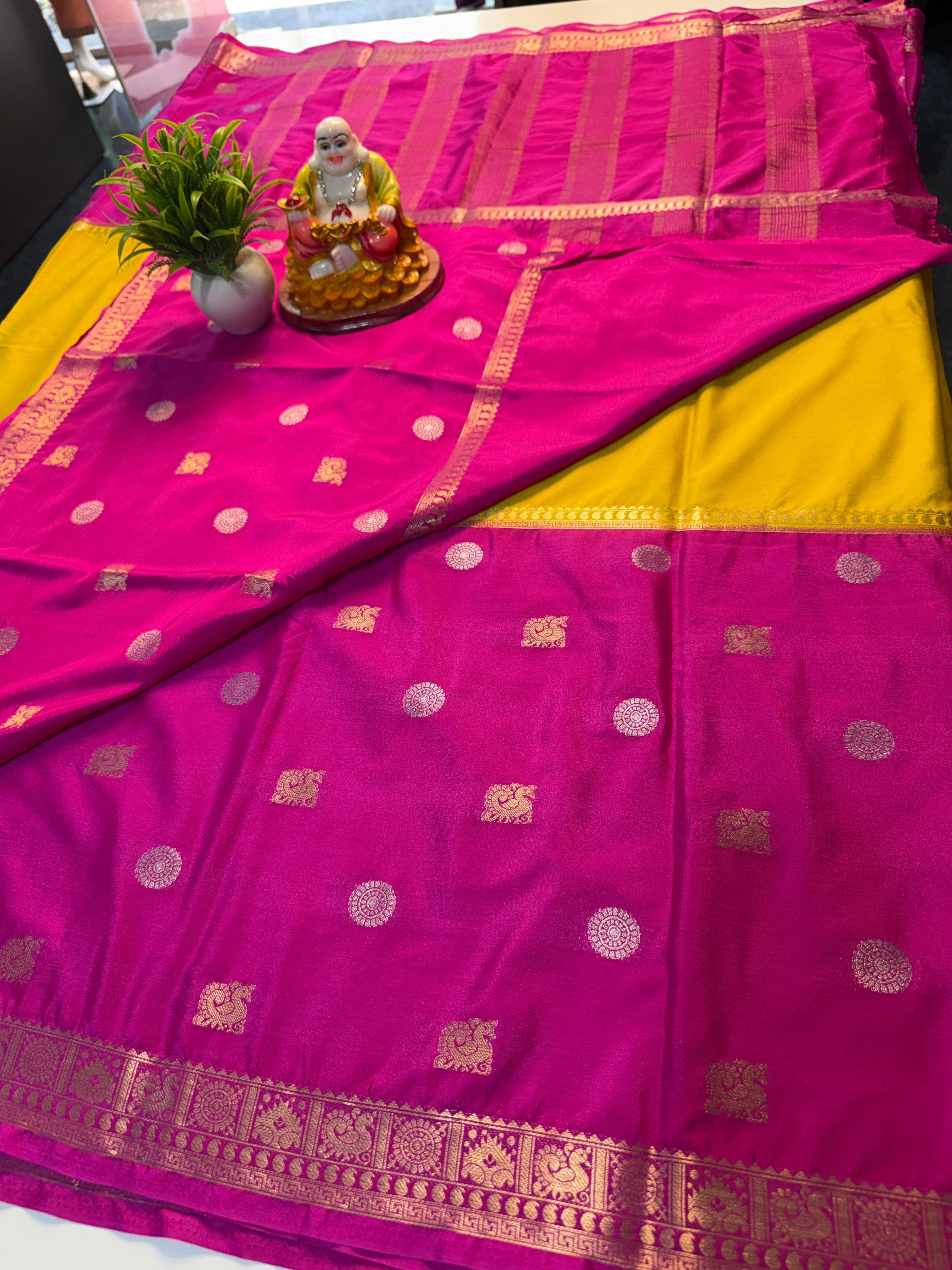 Premium Mysore Crepe Silk Saree with Peacock Buttas & Chit Pallu…