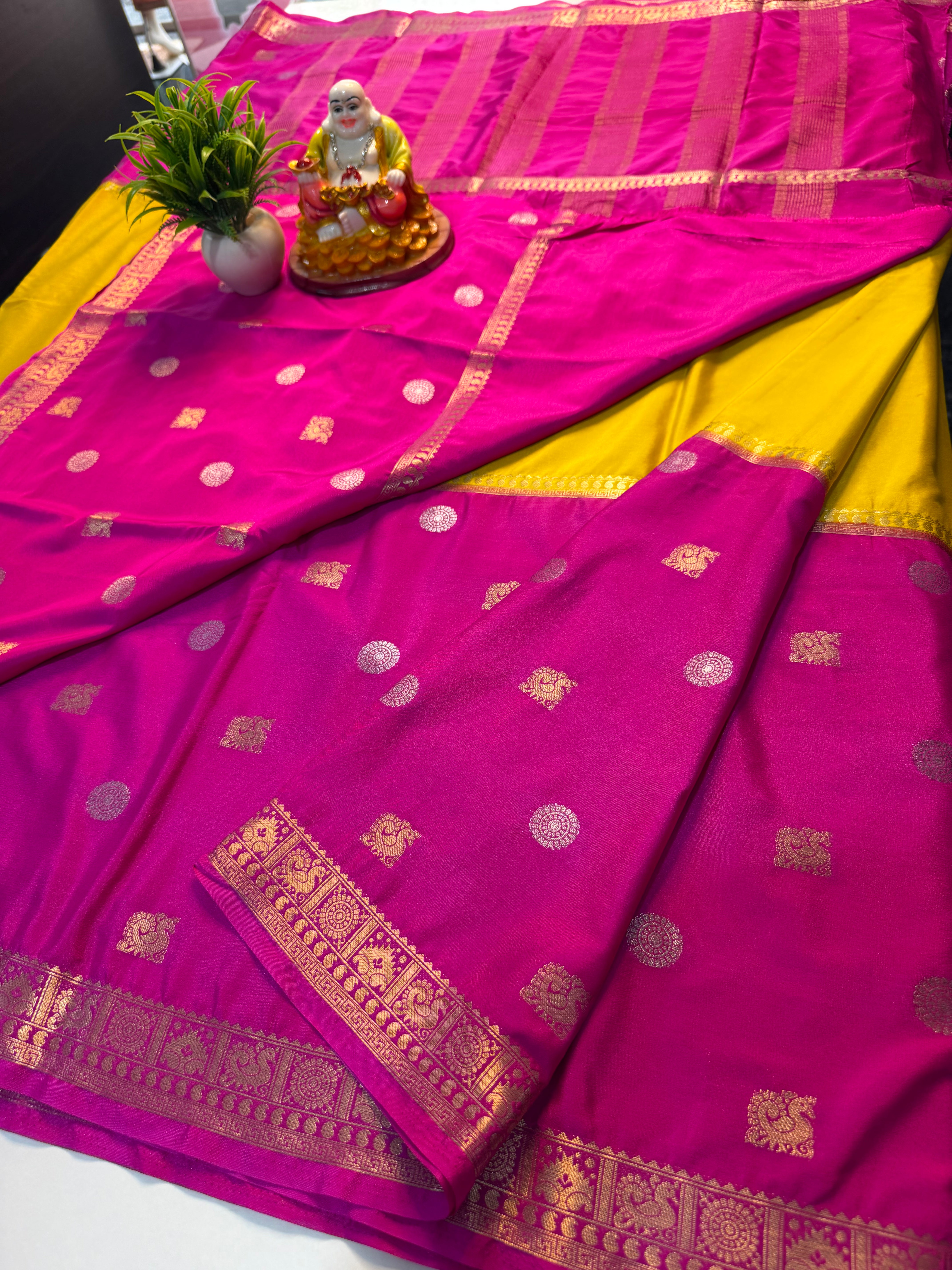Premium Mysore Crepe Silk Saree with Peacock Buttas & Chit Pallu…