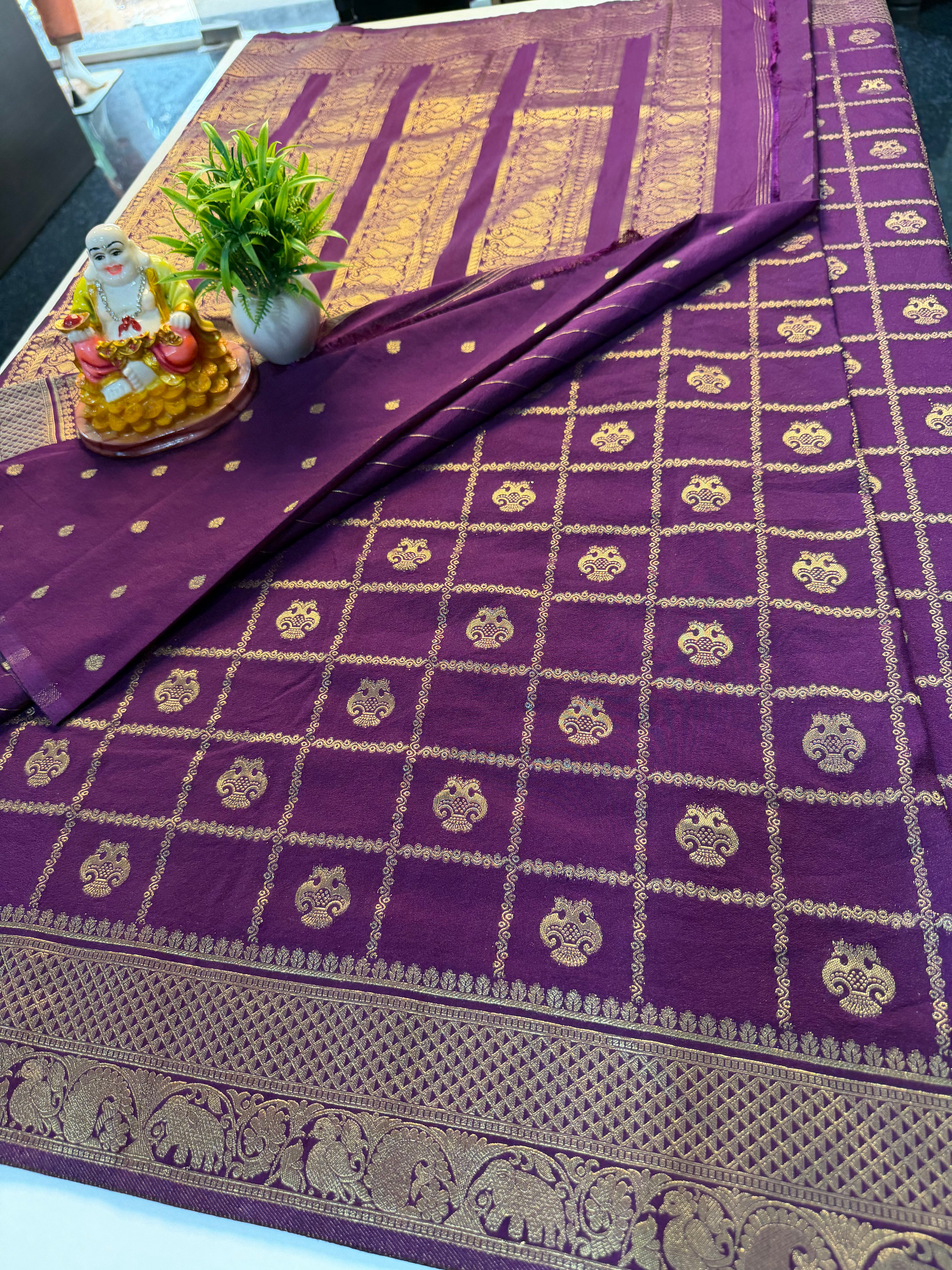 Premium Georgette Saree with Checks, Gandaberunda Design &amp; Rich Pallu