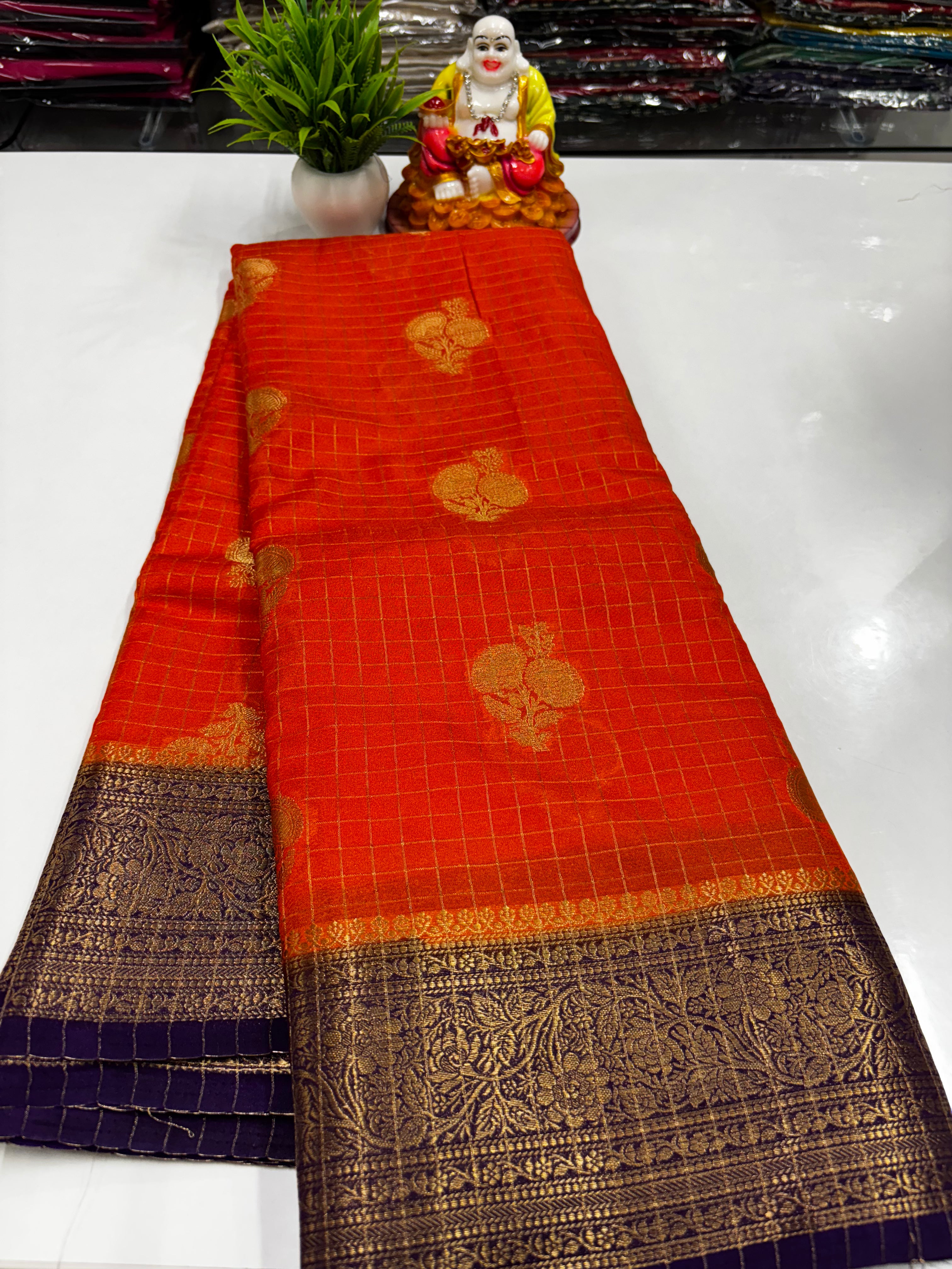 Beautiful Georgette Saree with Chex Pattern, Rich Pallu & Brocade Blouse