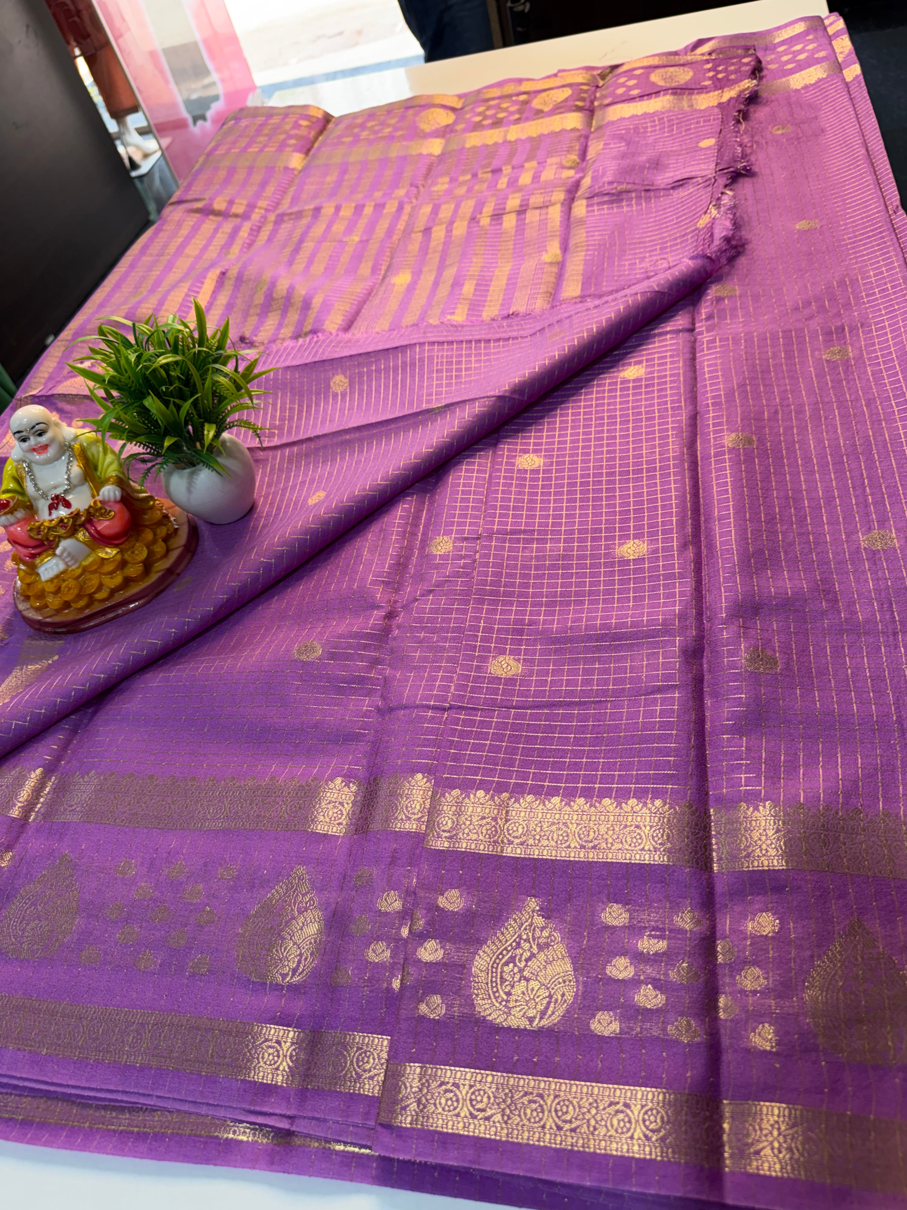 Beautiful Mysore Crepe Silk Saree with Checks, Buttas &amp; Rich Pallu…