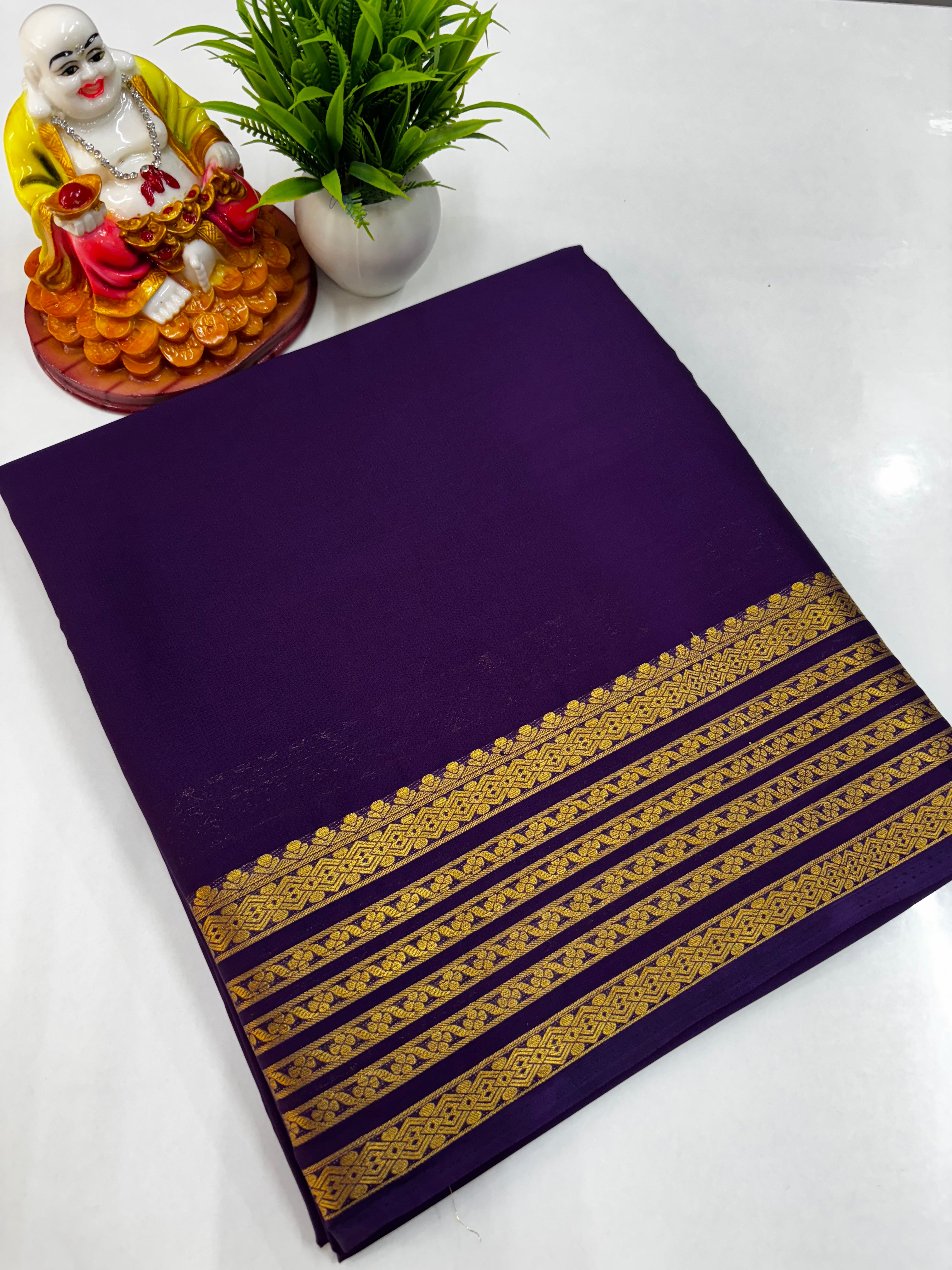 Mysore Crepe Silk Saree with Beautiful Border, Chit Pallu & Self-Colour Blouse – Padmavathi Silks and Sarees