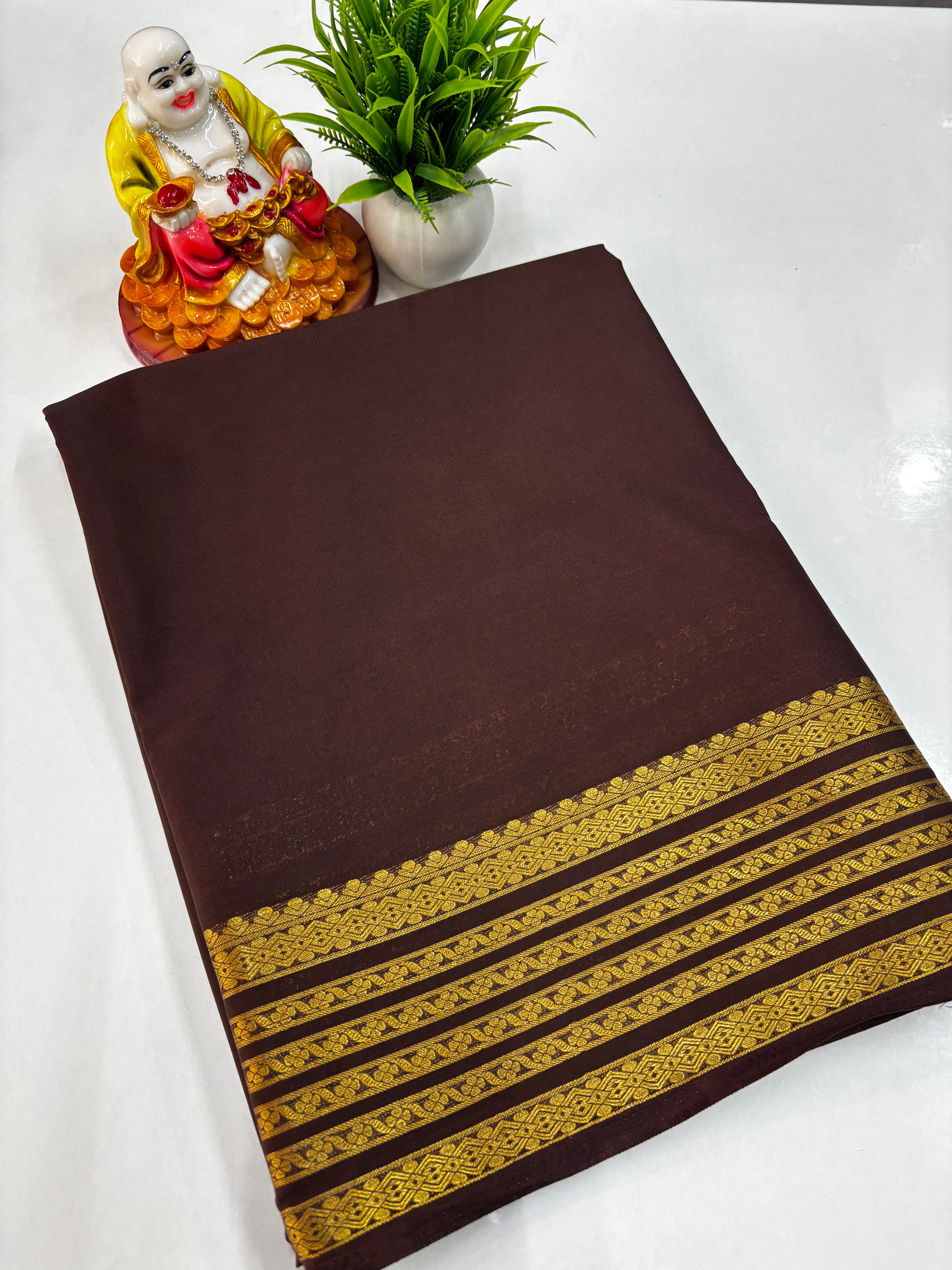 Mysore Crepe Silk Saree with Beautiful Border, Chit Pallu & Self-Colour Blouse – Padmavathi Silks and Sarees