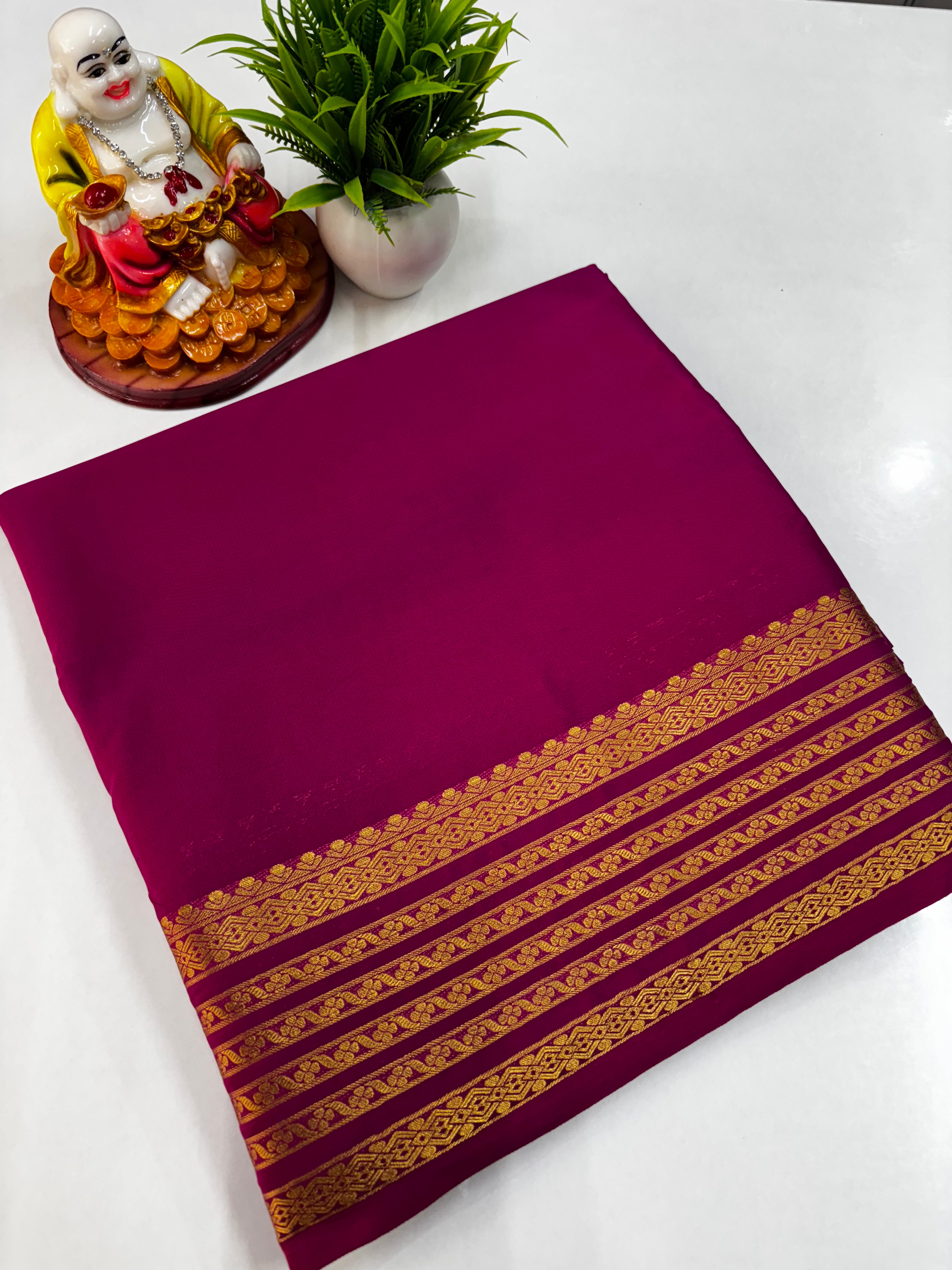 Mysore Crepe Silk Saree with Beautiful Border, Chit Pallu & Self-Colour Blouse – Padmavathi Silks and Sarees