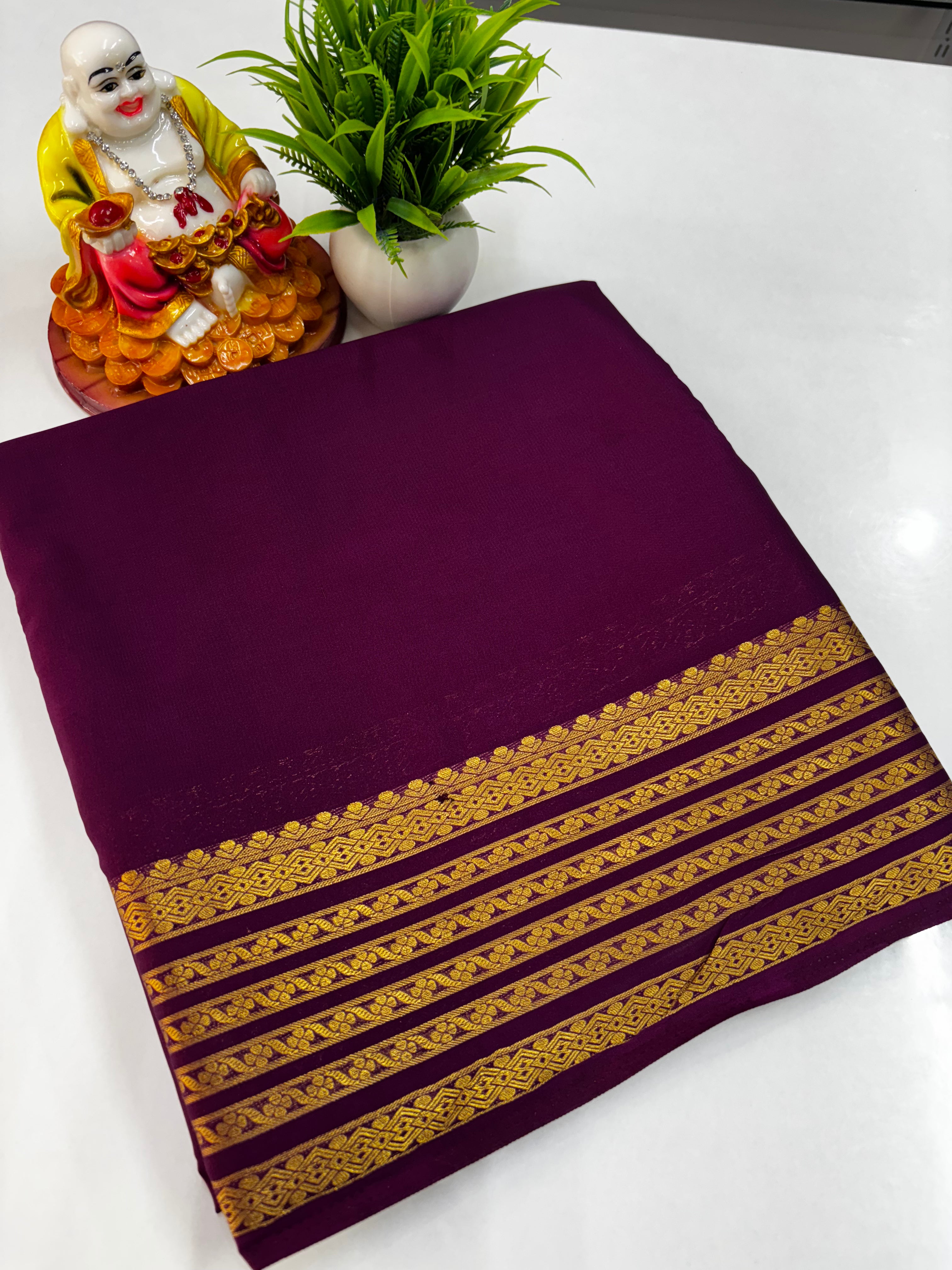 Mysore Crepe Silk Saree with Beautiful Border, Chit Pallu & Self-Colour Blouse – Padmavathi Silks and Sarees