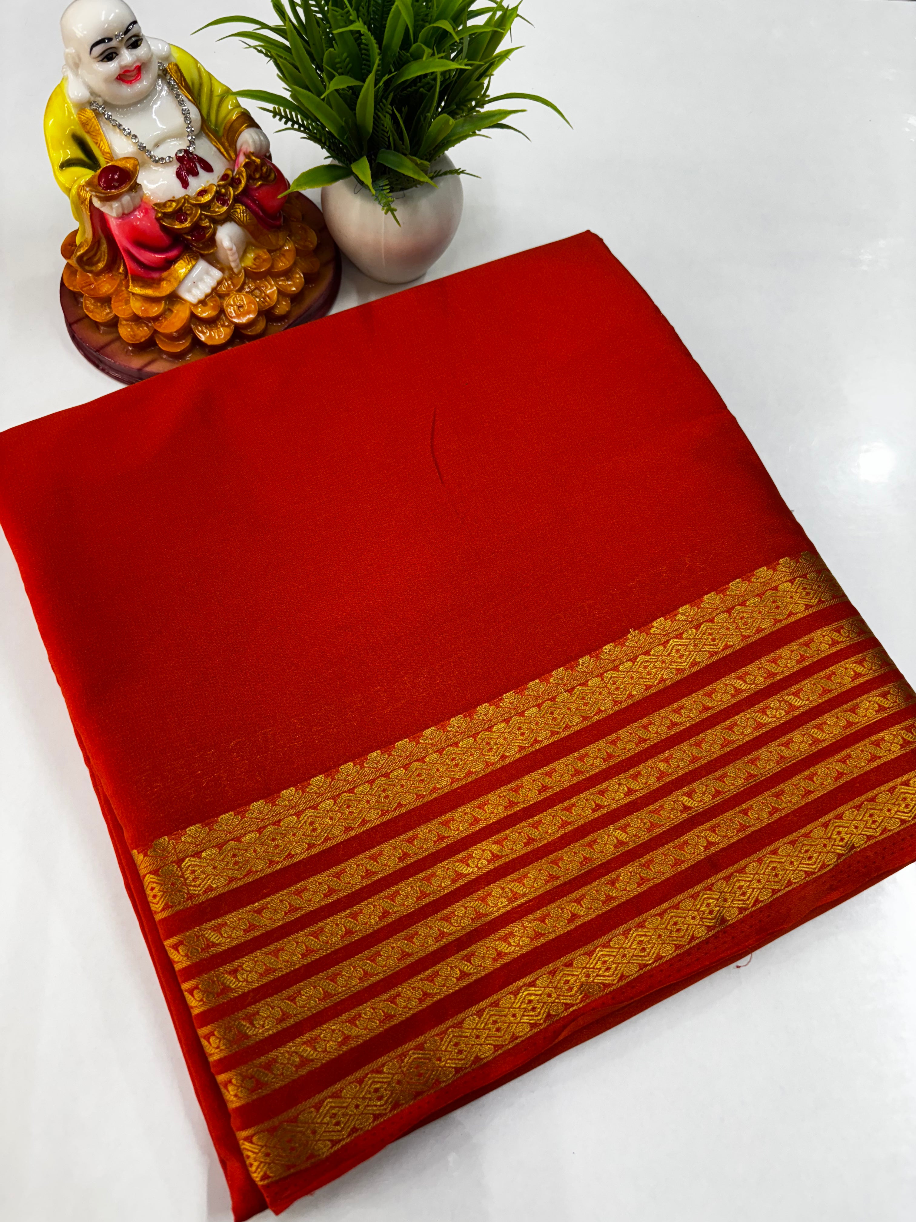 Mysore Crepe Silk Saree with Beautiful Border, Chit Pallu & Self-Colour Blouse – Padmavathi Silks and Sarees