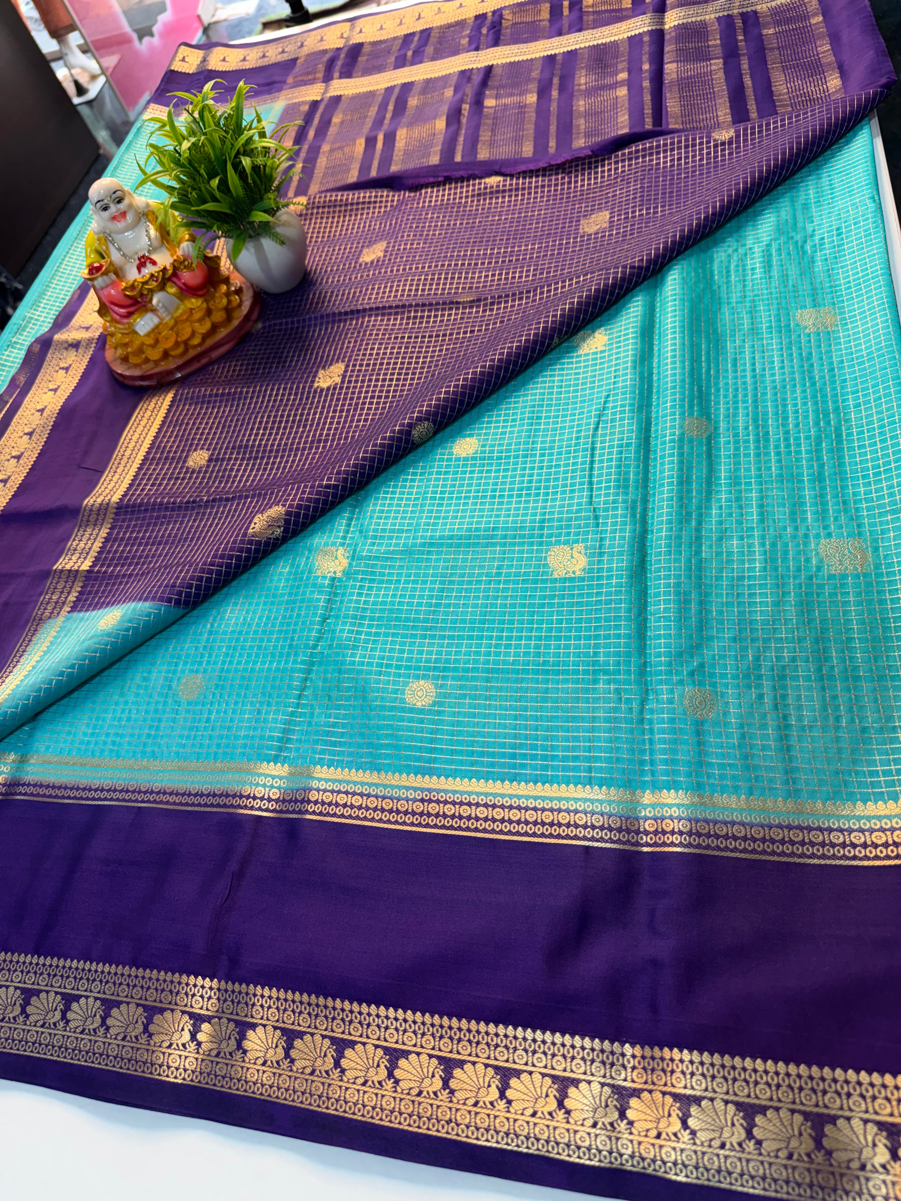 Mysore Crepe Silk Saree with Checks, Buttas & Bentex Border