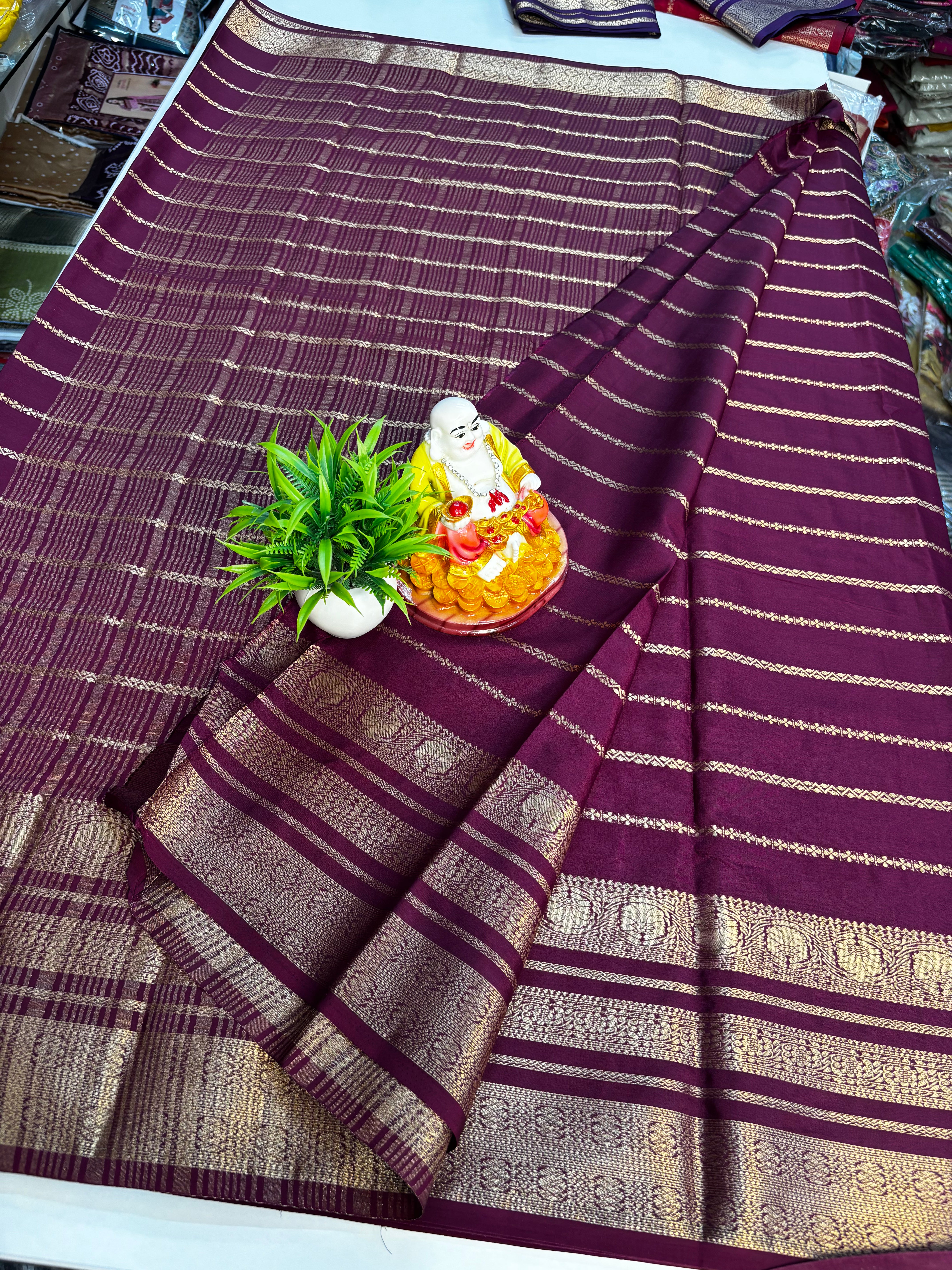 Mysore Crepe Silk Saree with Stripes & Rich Pallu ✨
