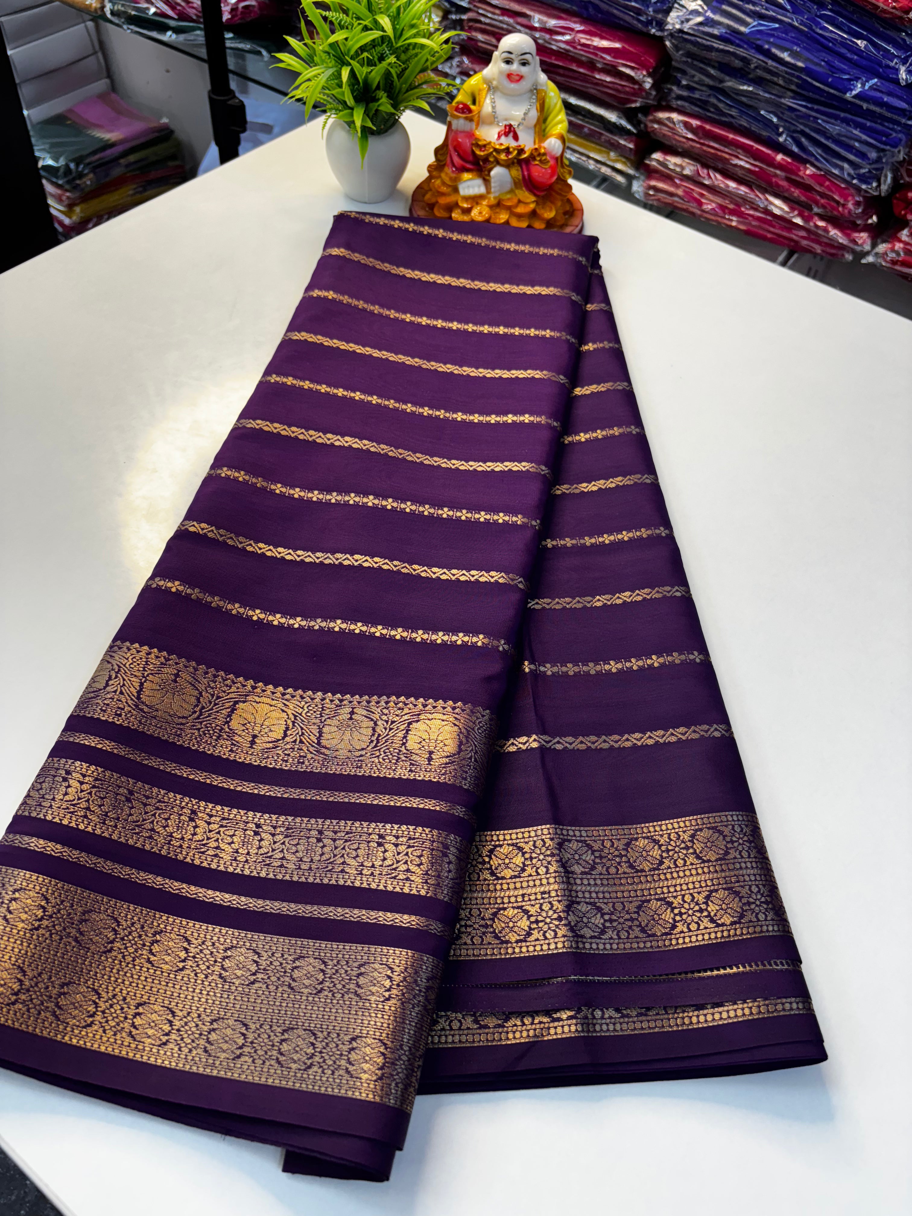 Mysore Crepe Silk Saree with Stripes & Rich Pallu ✨