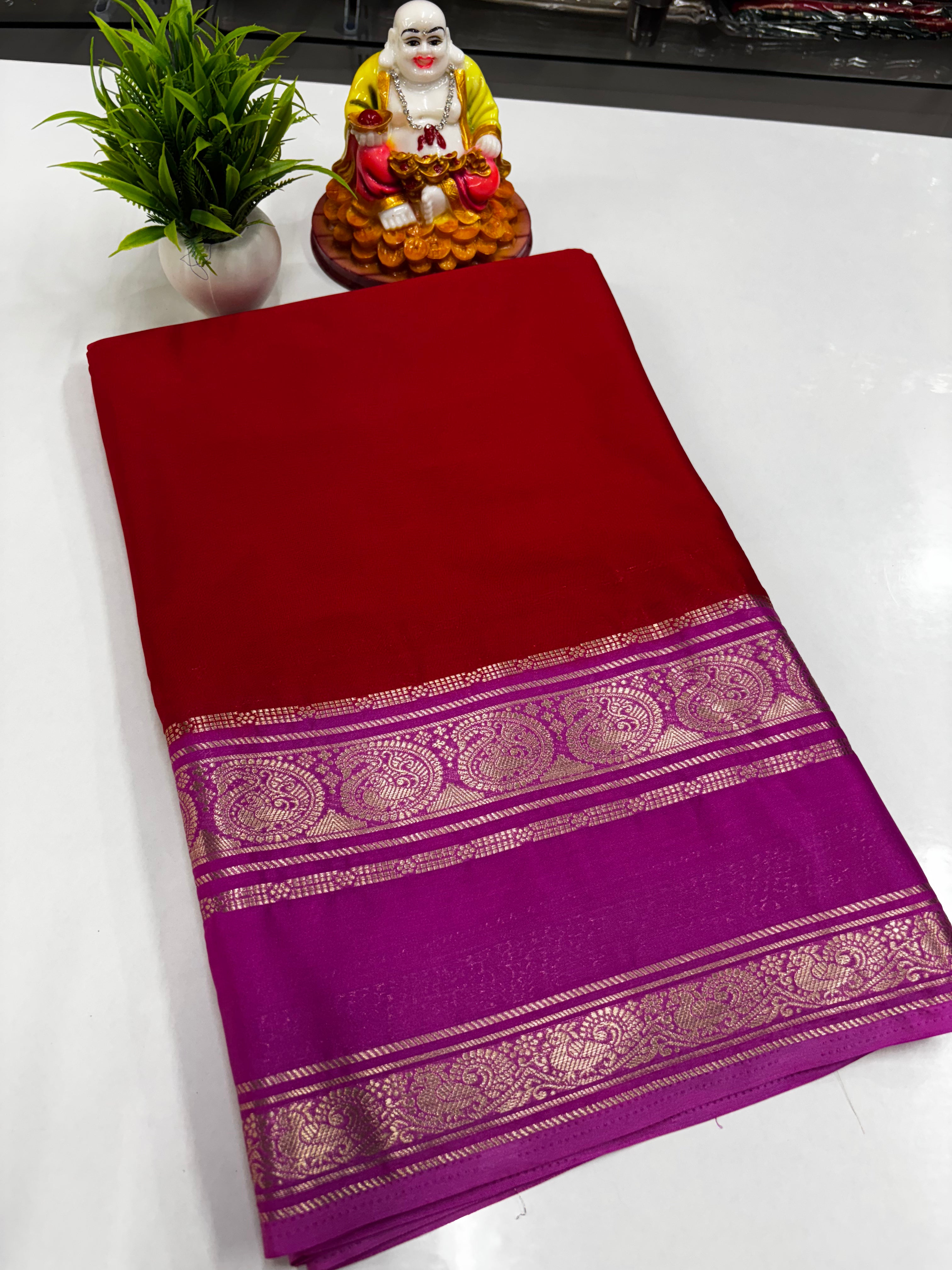 Mysore Crepe Silk Saree with Beautiful Mango Bentex Border | Padmavathi Silks & Sarees