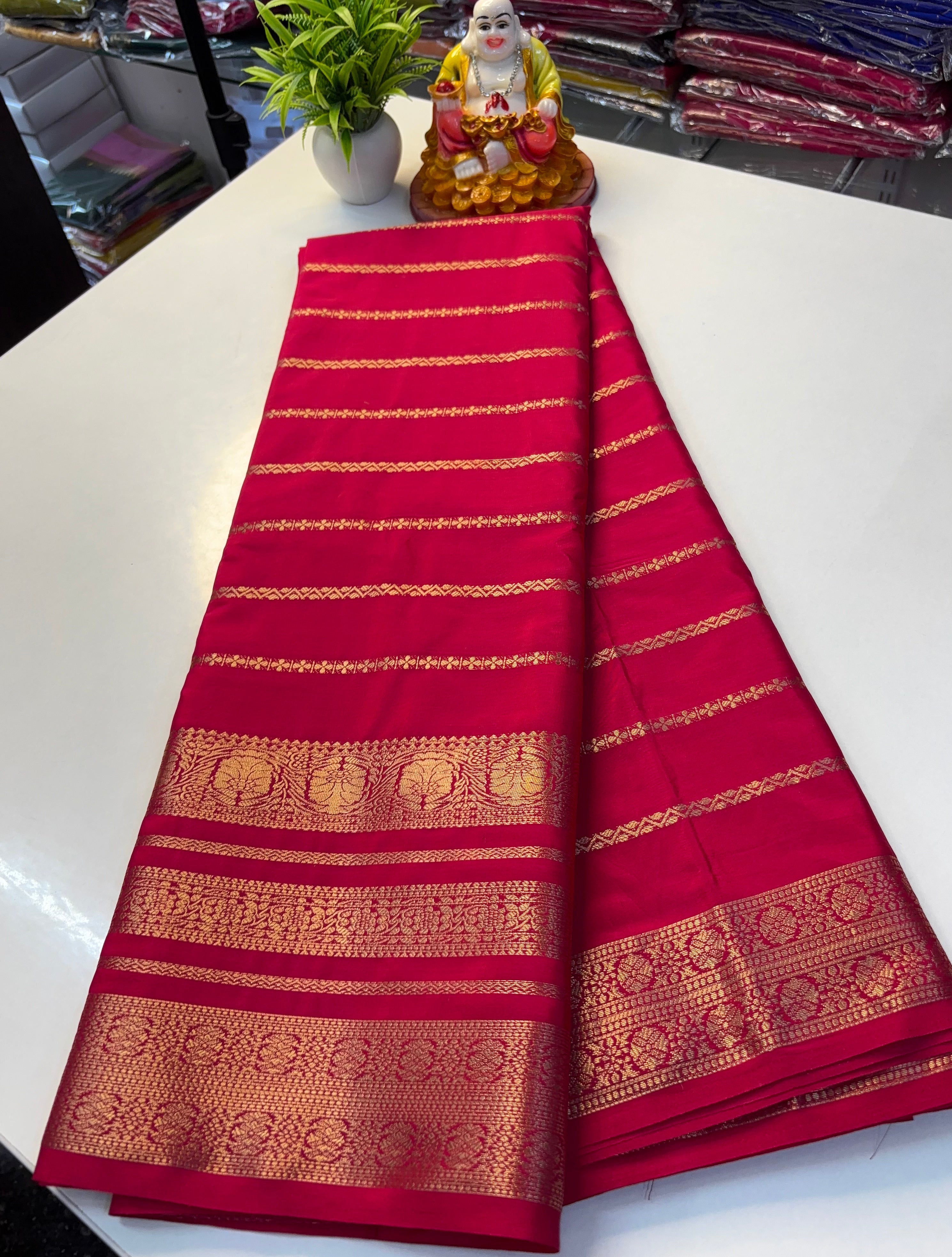 Mysore Crepe Silk Saree with Stripes & Rich Pallu ✨