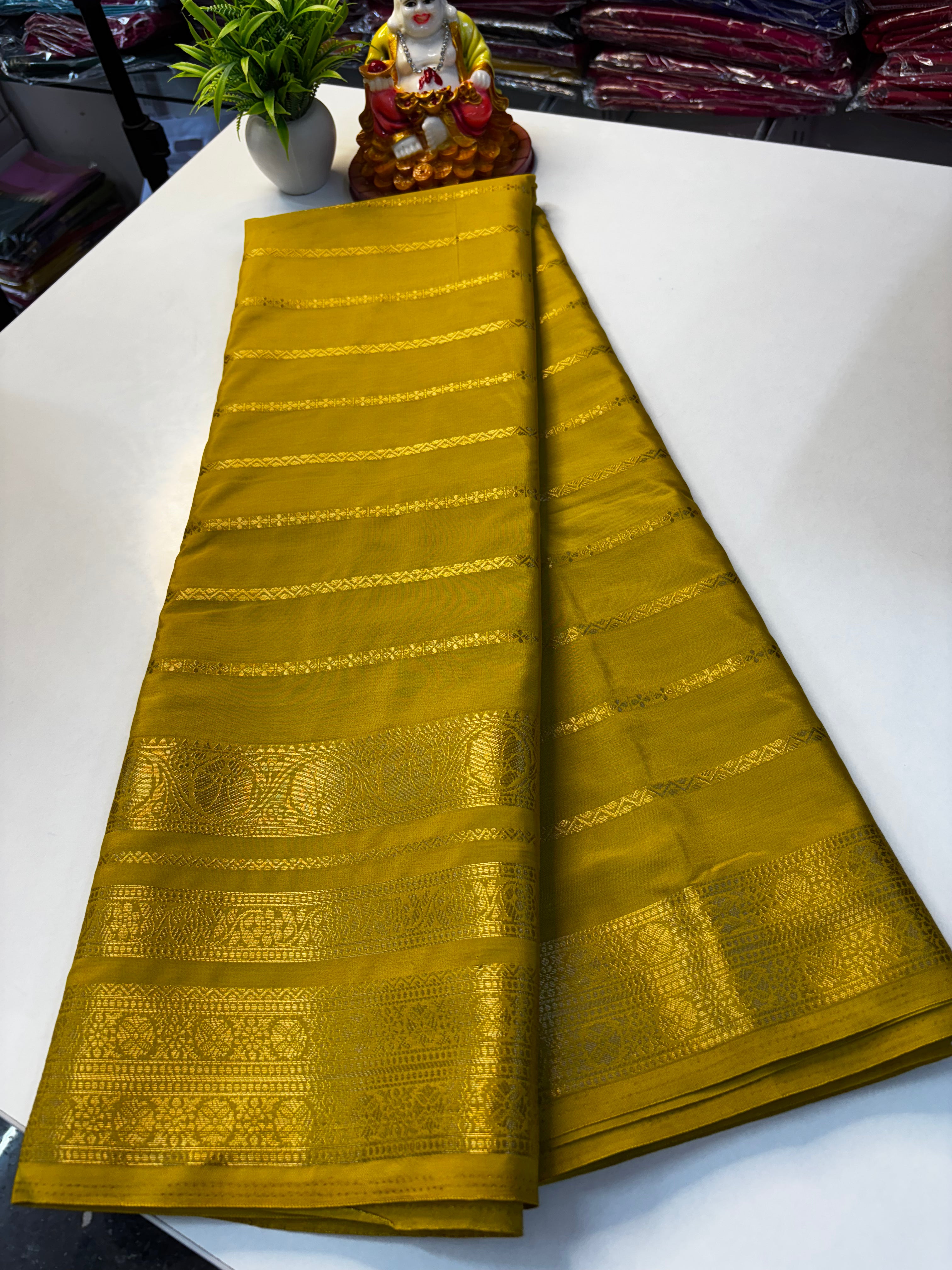 Mysore Crepe Silk Saree with Stripes & Rich Pallu ✨