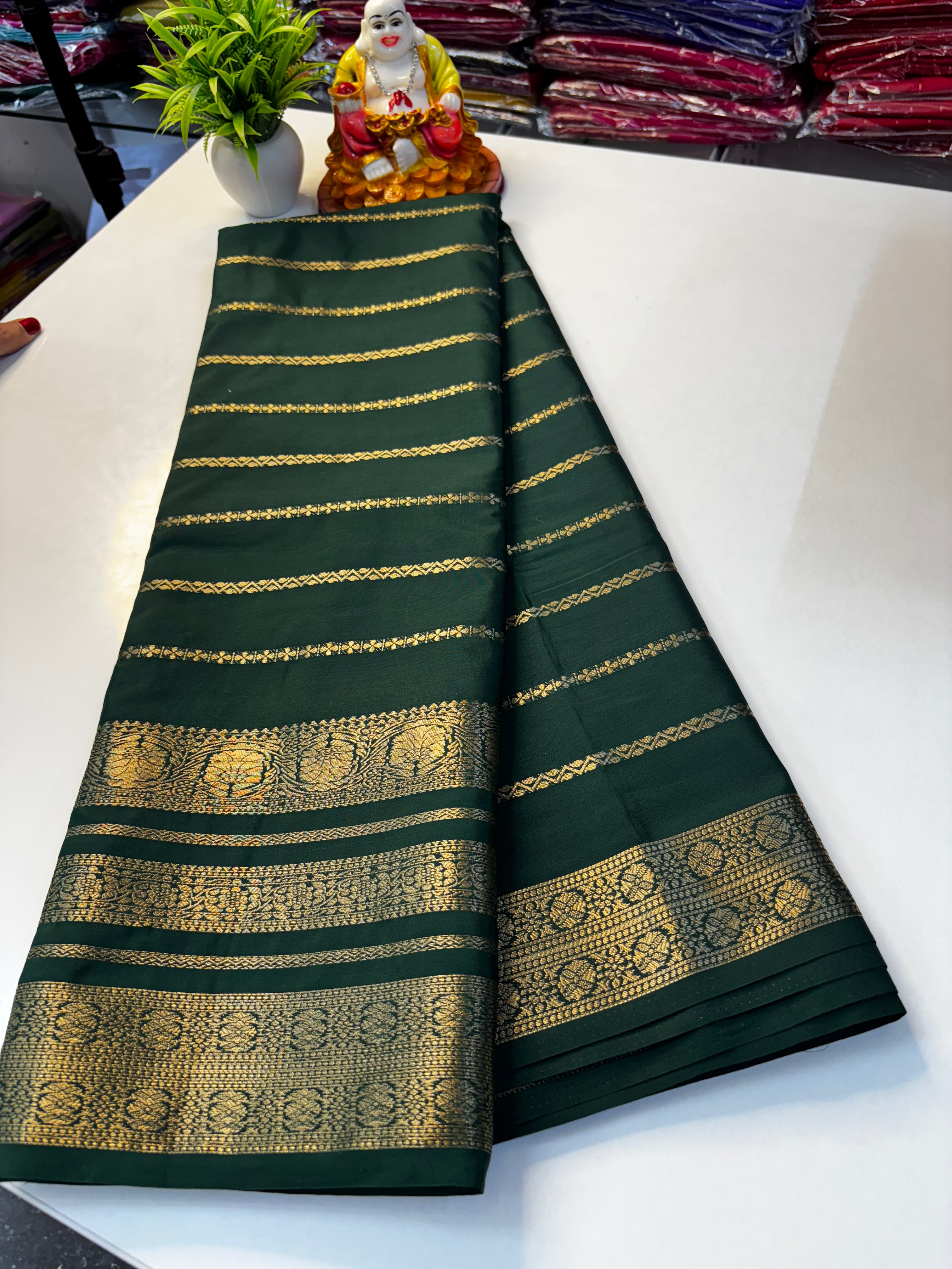 Mysore Crepe Silk Saree with Stripes & Rich Pallu ✨