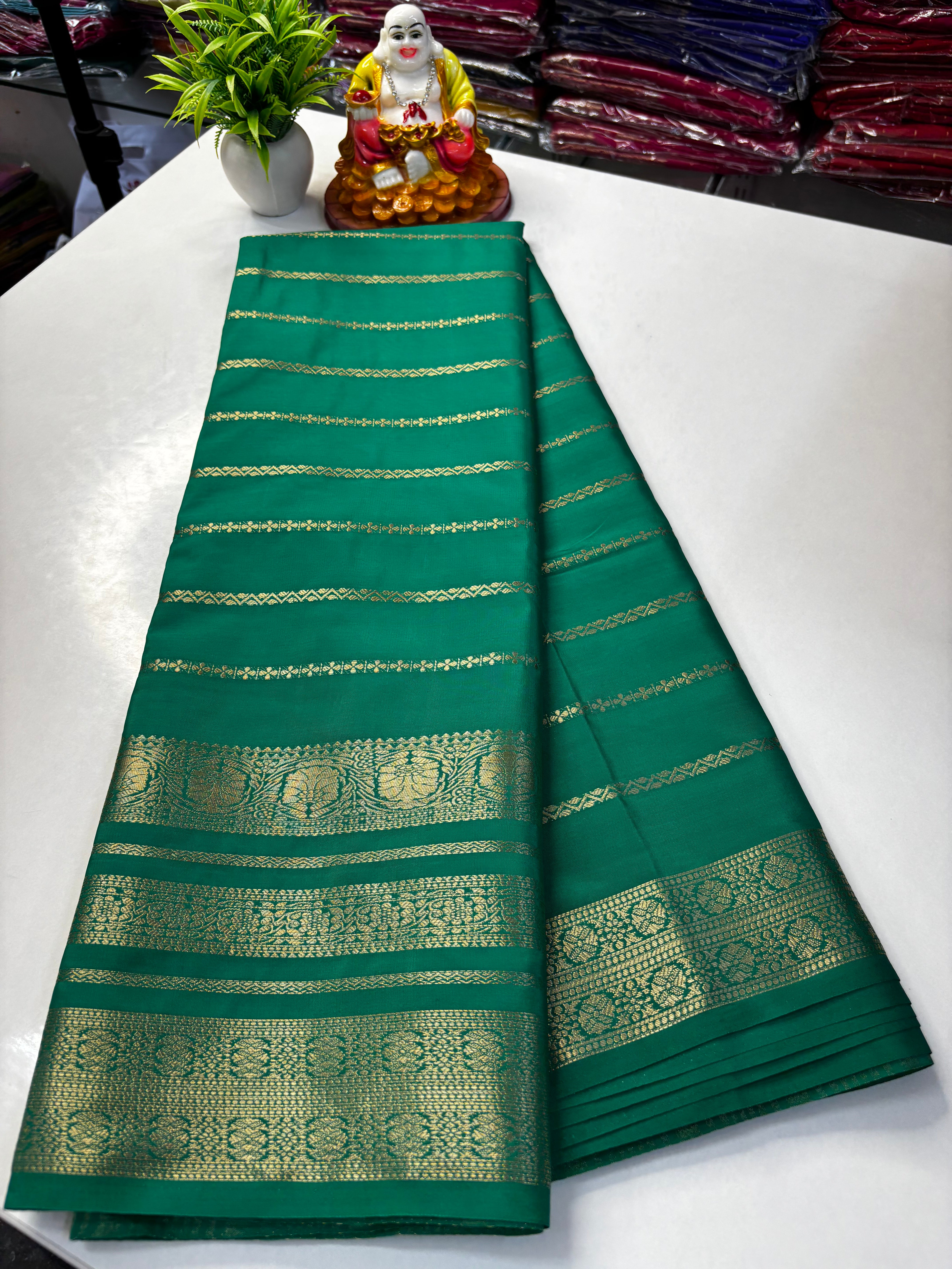 Mysore Crepe Silk Saree with Stripes & Rich Pallu ✨