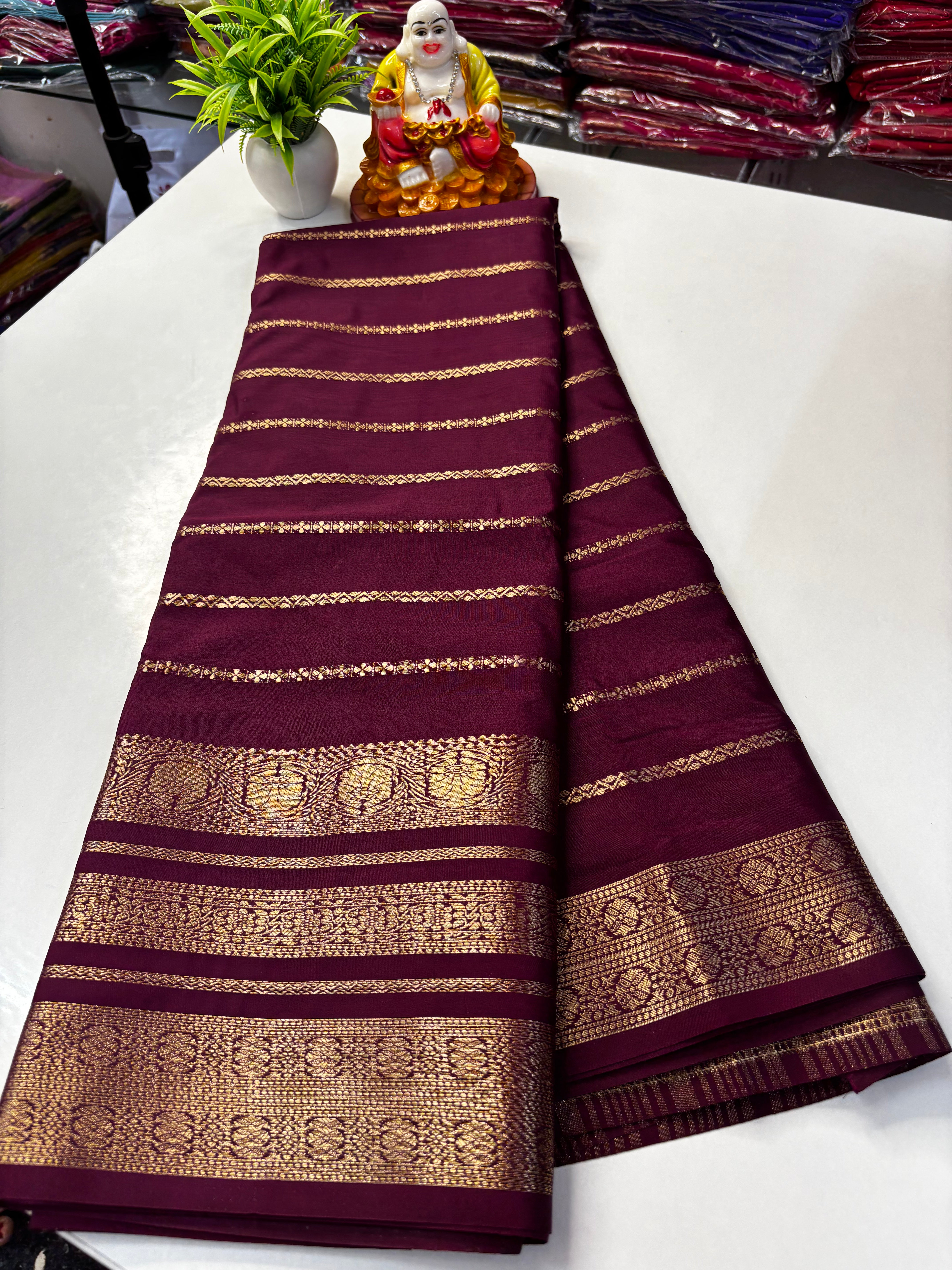 Mysore Crepe Silk Saree with Stripes & Rich Pallu ✨