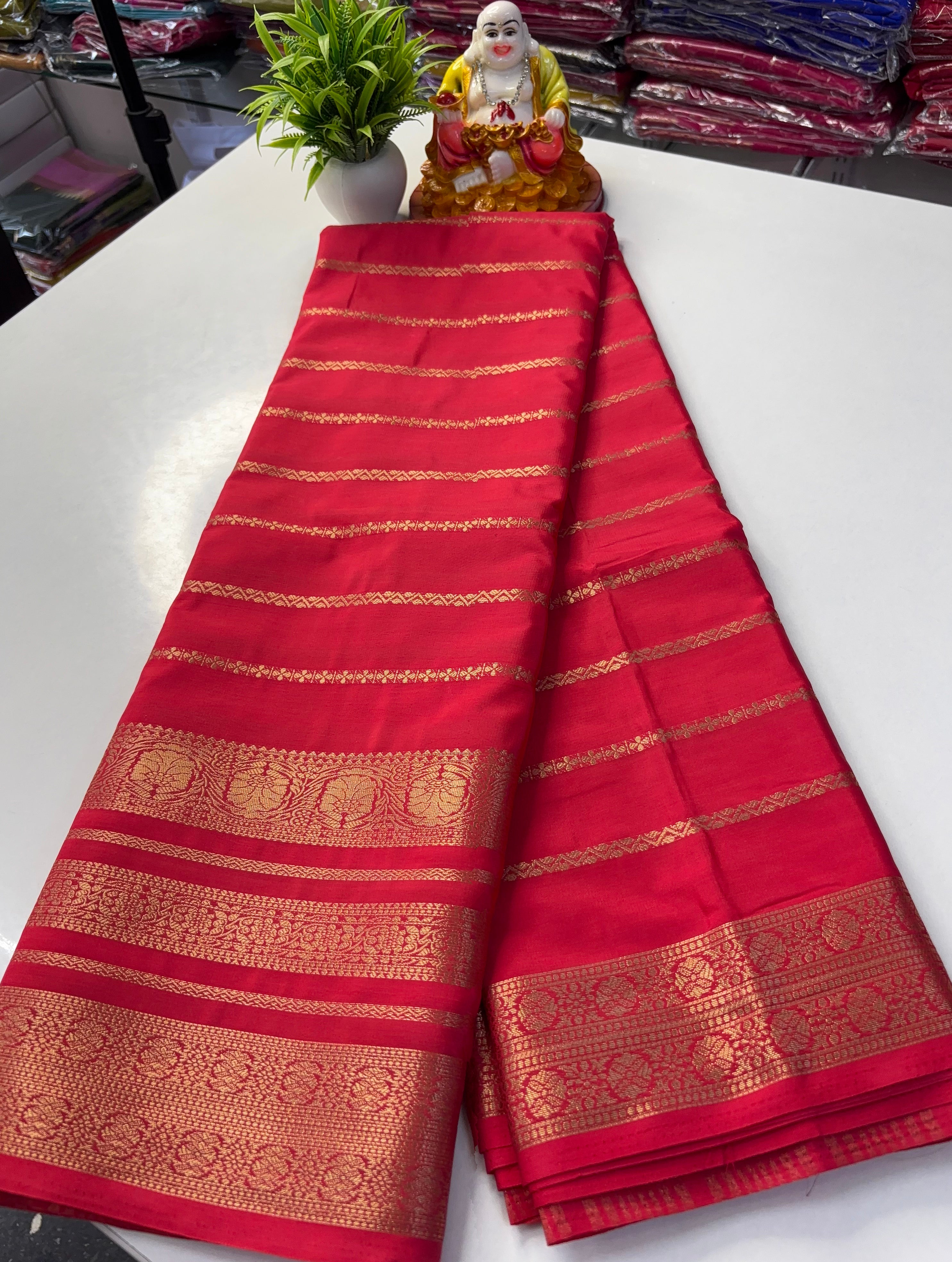 Mysore Crepe Silk Saree with Stripes & Rich Pallu ✨