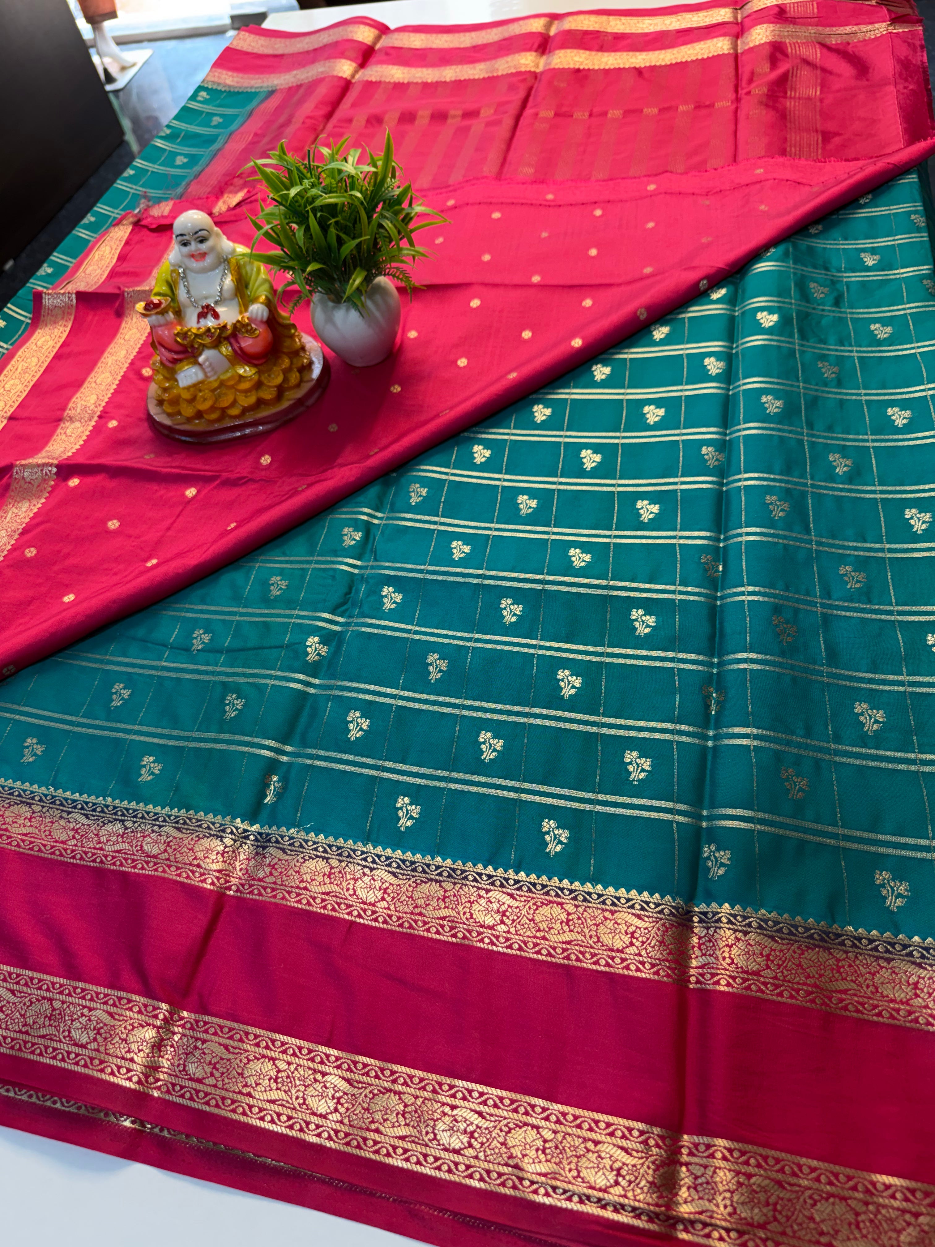 Premium Mysore Crepe Silk Saree with Checks & Butta Blouse…