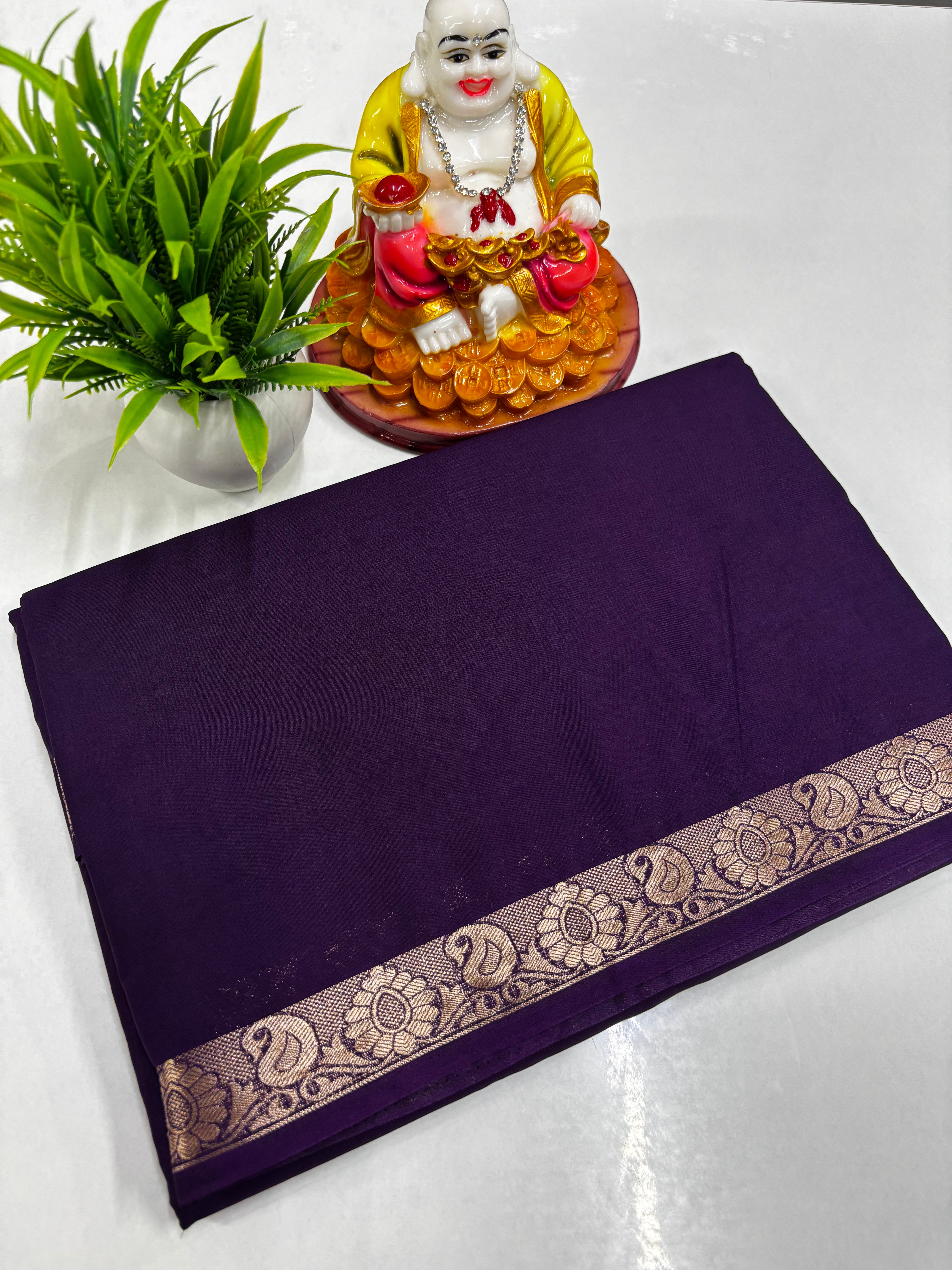 Crape Mysore Silk Saree with Beautiful Small Mango Border – Padmavathi Silks & Sarees