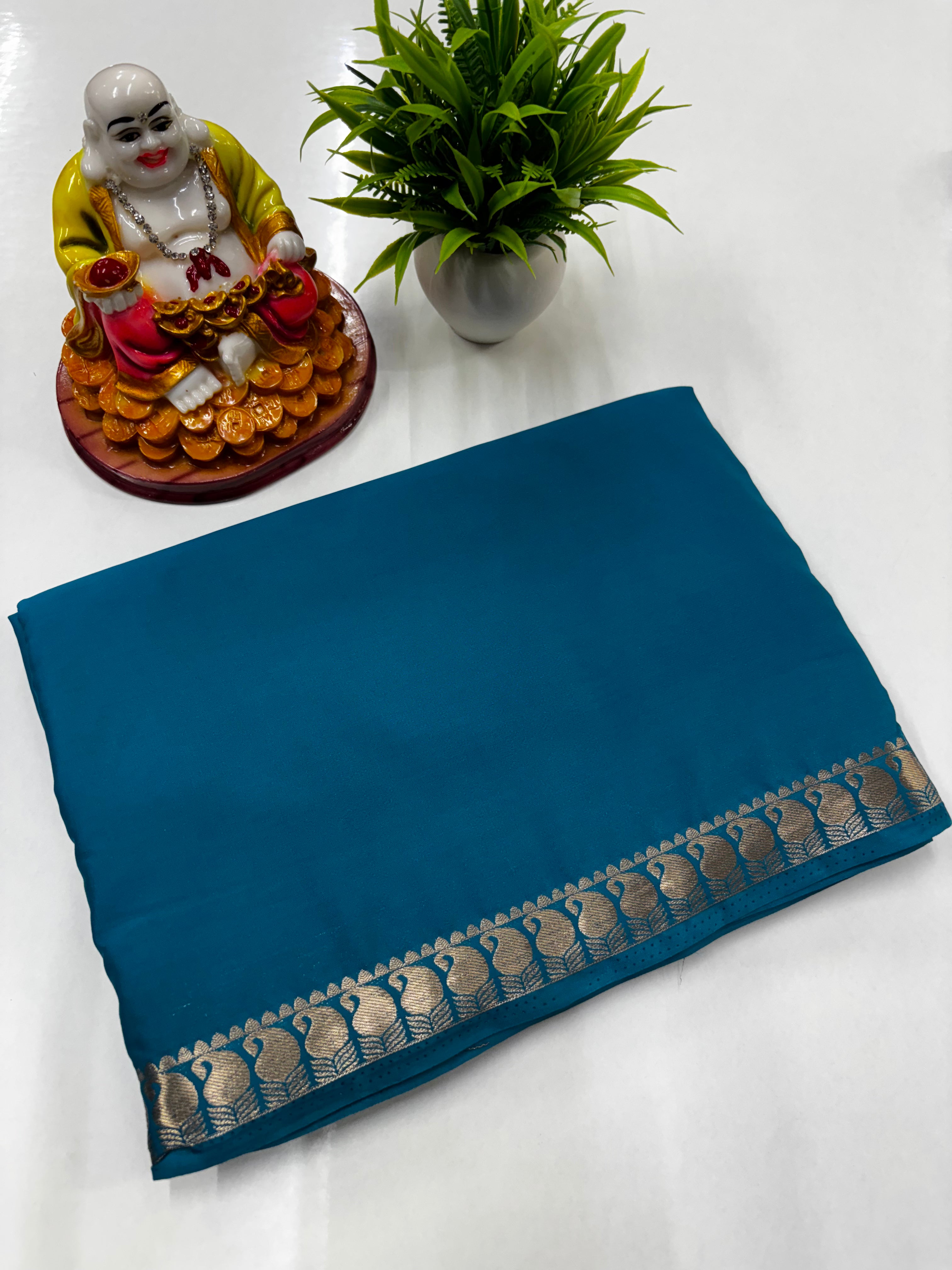 Mysore Crepe Silk Saree with Small Mango Border & Chit Pallu – Padmavathi Silks and Sarees