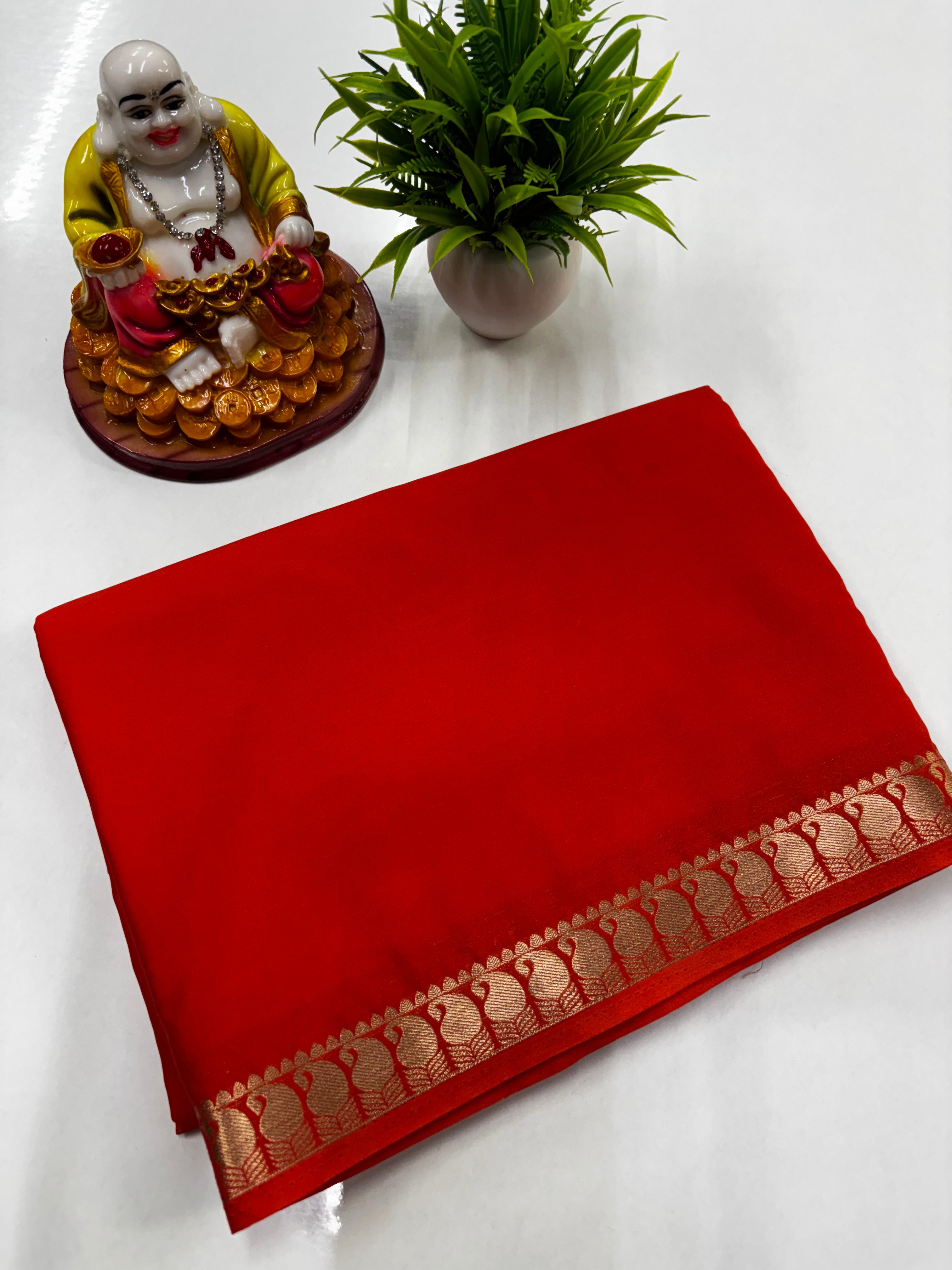 Mysore Crepe Silk Saree with Small Mango Border & Chit Pallu – Padmavathi Silks and Sarees