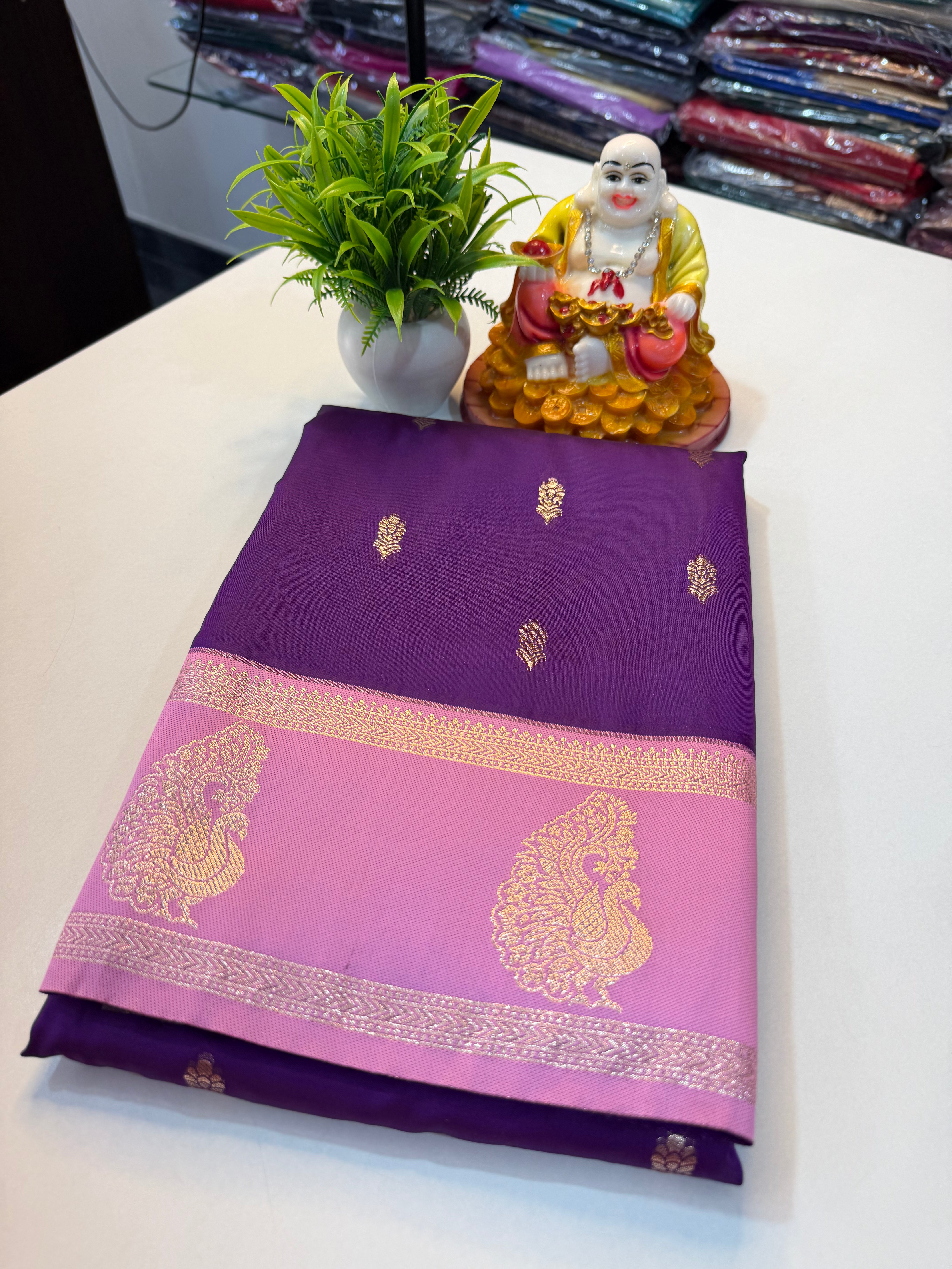 Semi Silk Saree with Buttas, Peacock Bentex Border & Rich Pallu