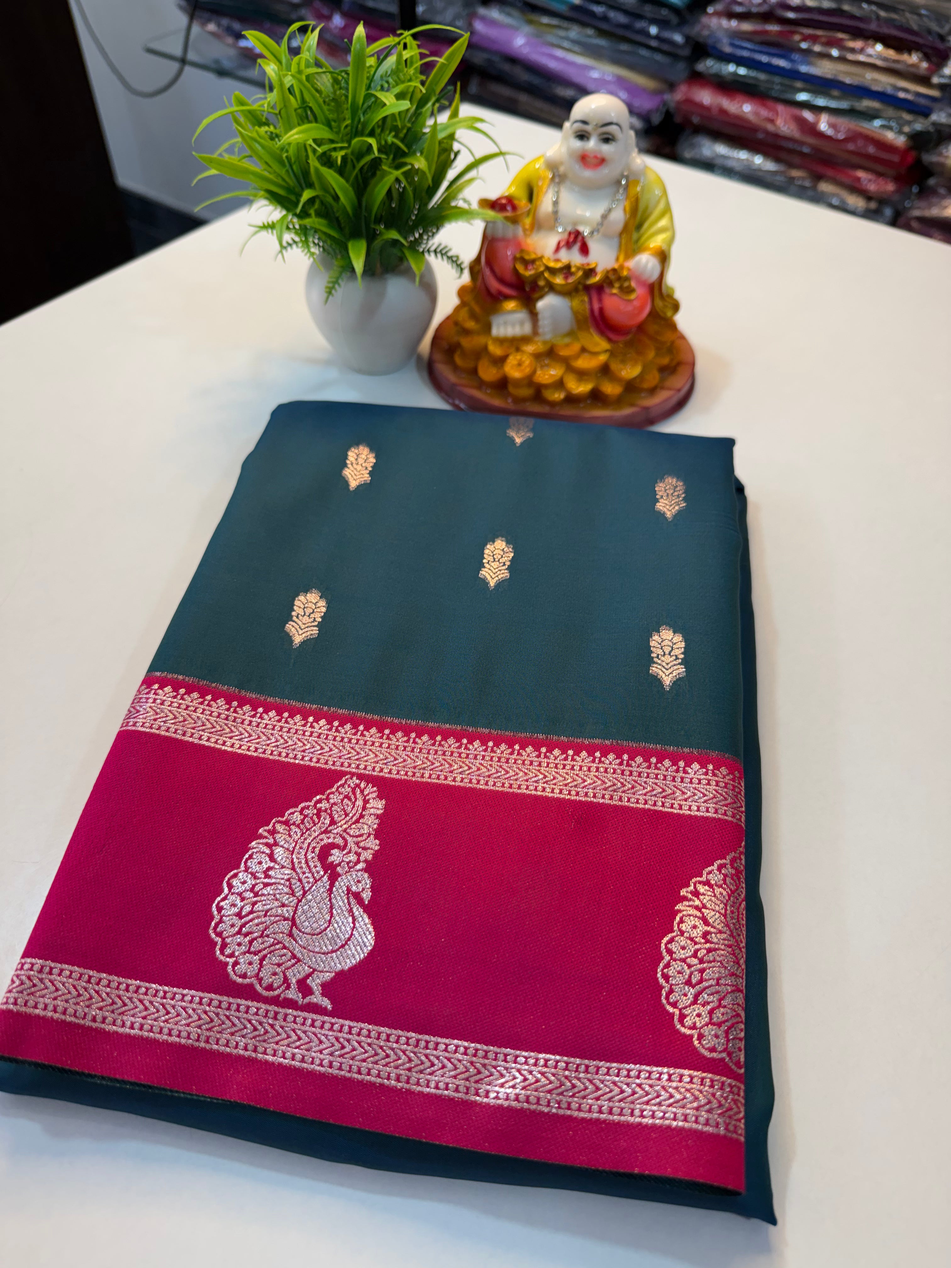 Semi Silk Saree with Buttas, Peacock Bentex Border & Rich Pallu