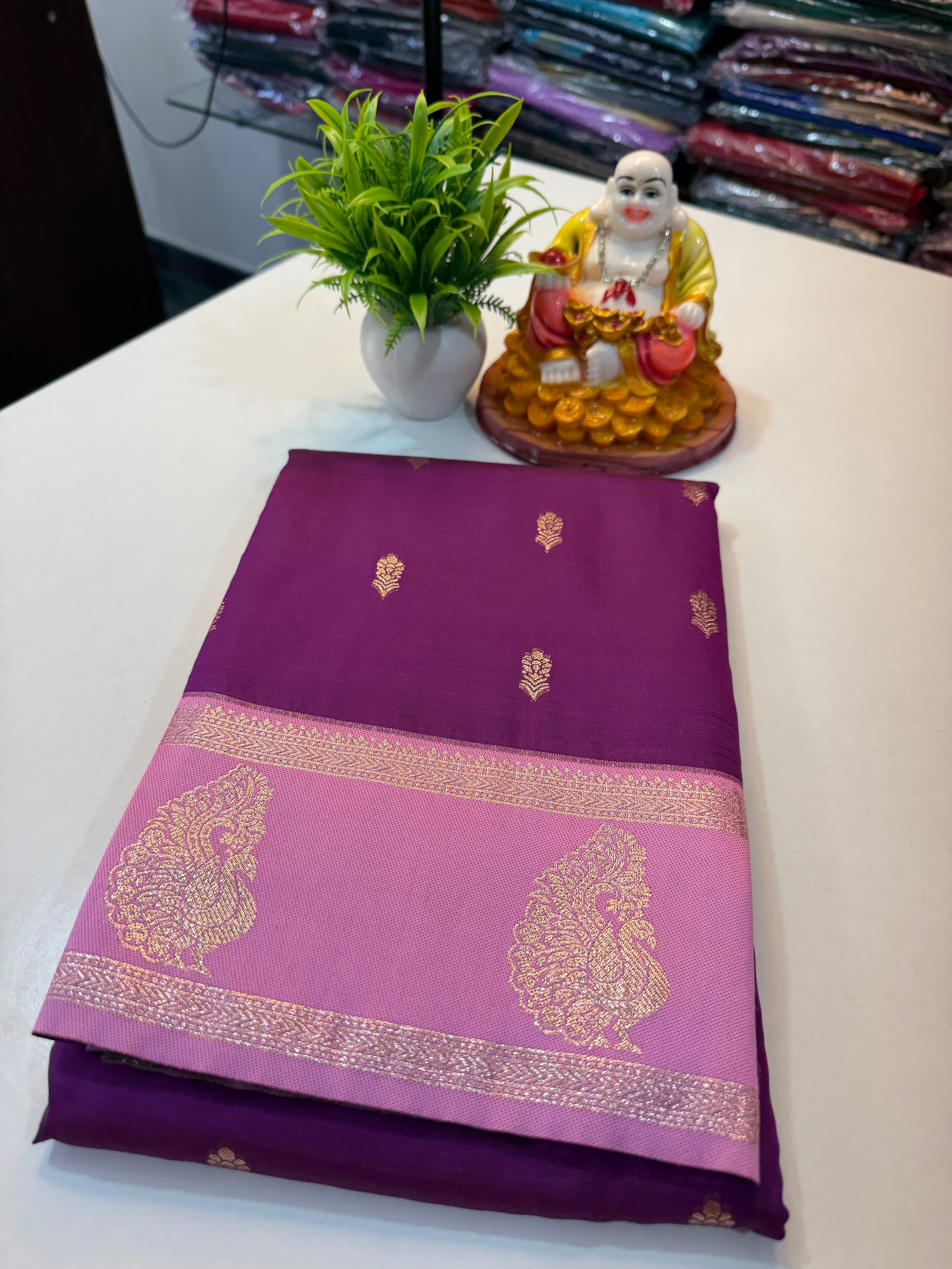 Semi Silk Saree with Buttas, Peacock Bentex Border & Rich Pallu