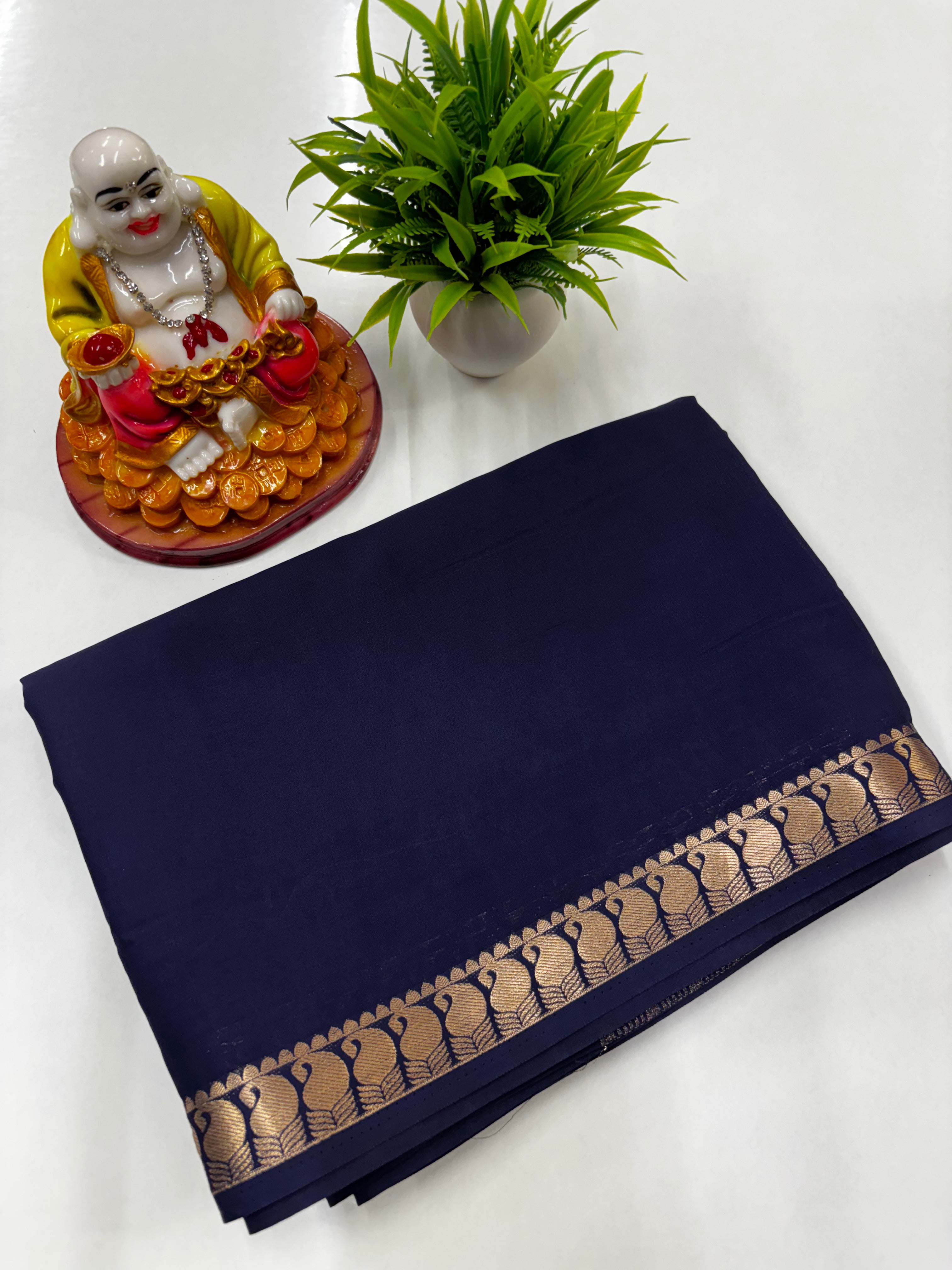 Mysore Crepe Silk Saree with Small Mango Border & Chit Pallu – Padmavathi Silks and Sarees