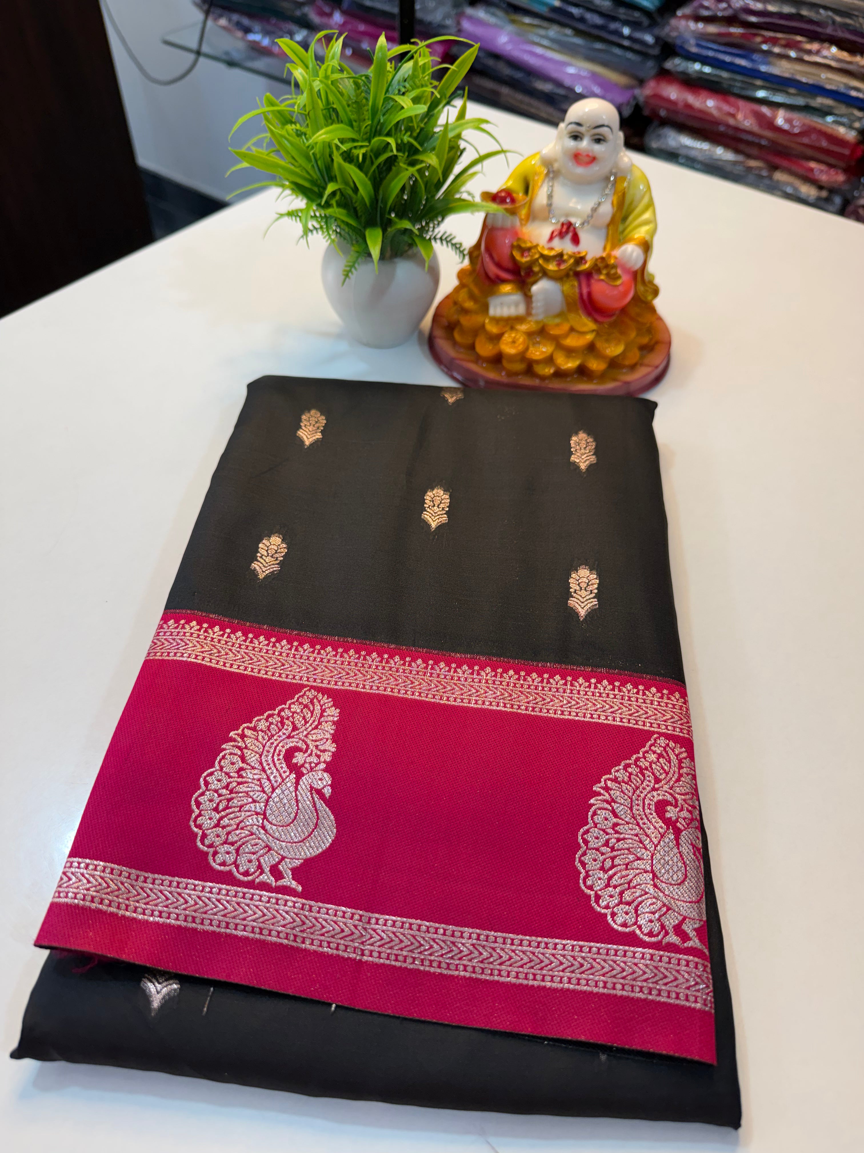 Semi Silk Saree with Buttas, Peacock Bentex Border & Rich Pallu