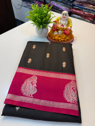Semi Silk Saree with Buttas, Peacock Bentex Border & Rich Pallu