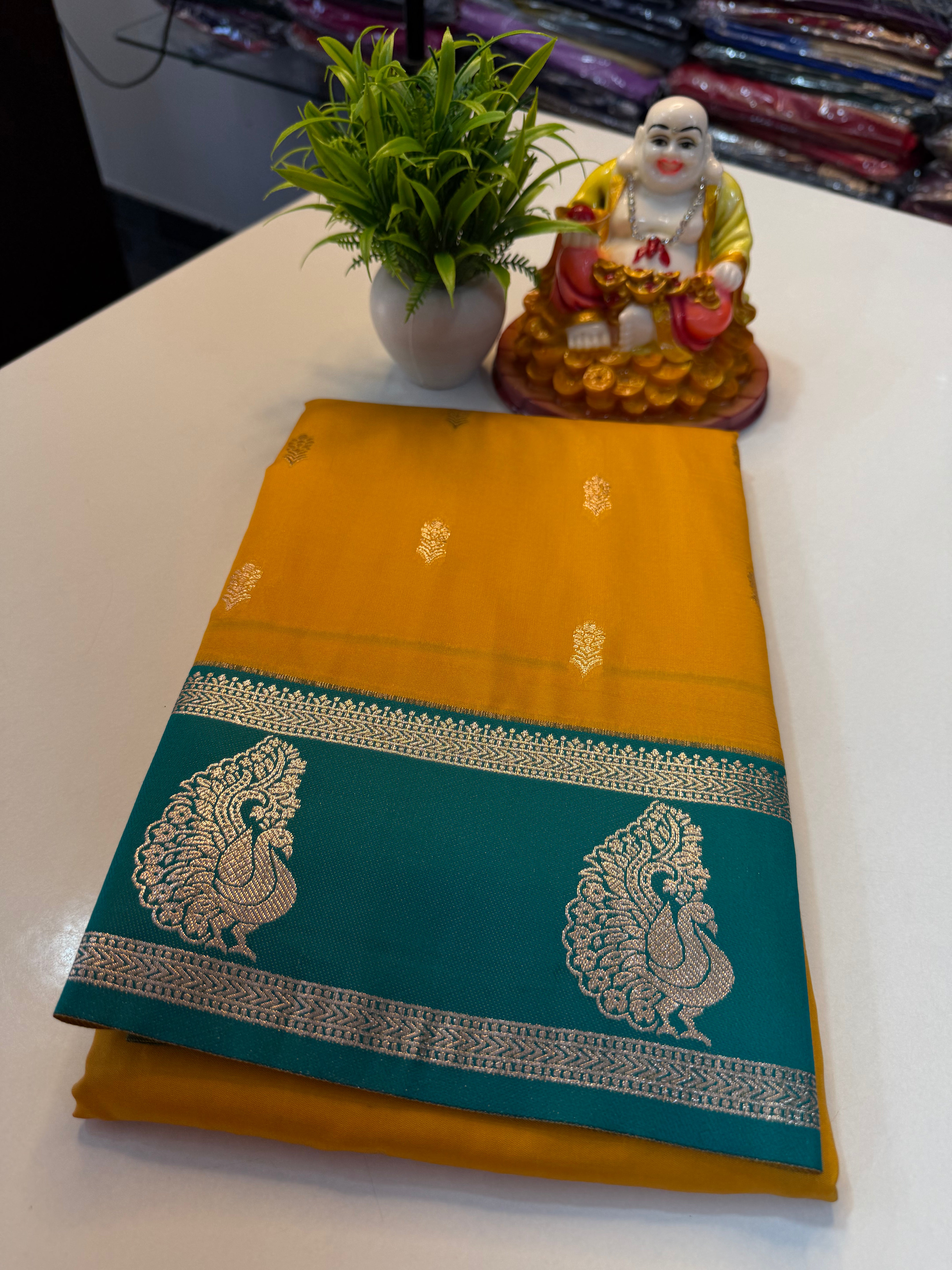 Semi Silk Saree with Buttas, Peacock Bentex Border & Rich Pallu