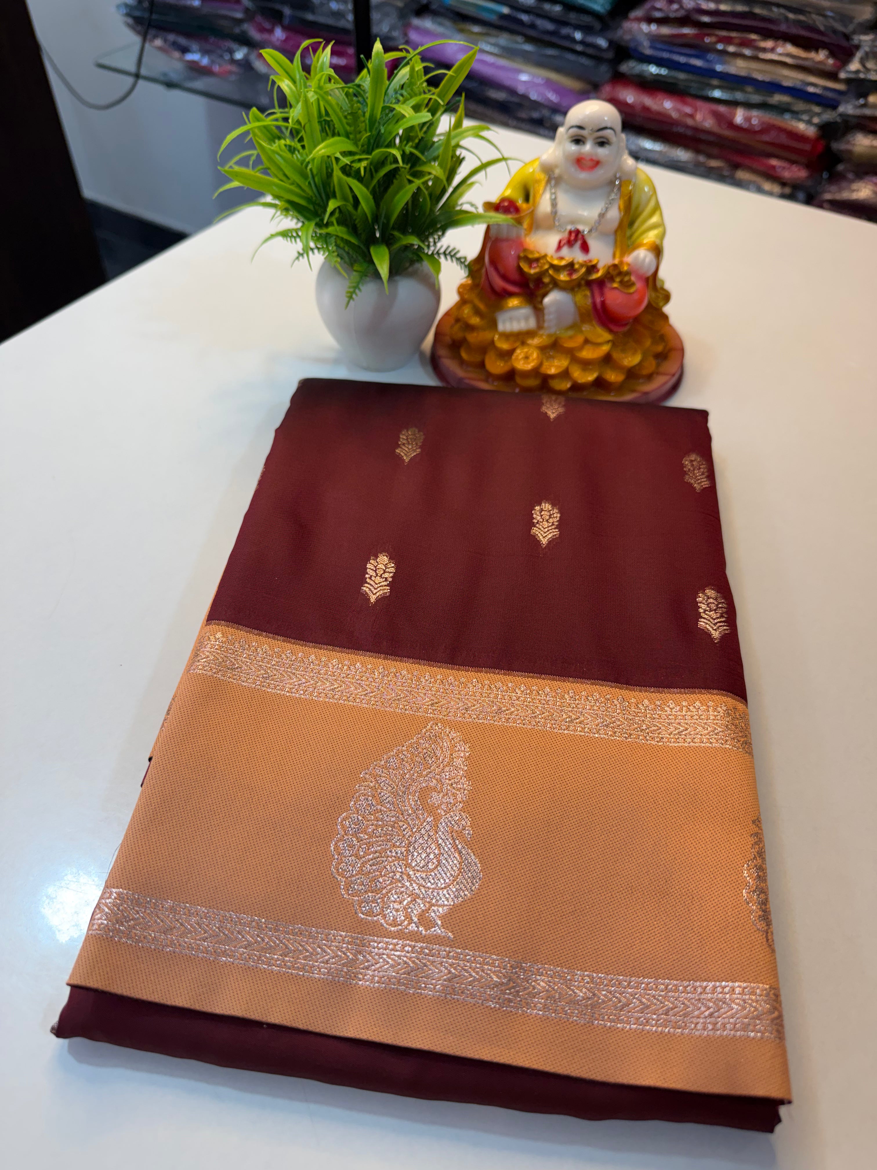Semi Silk Saree with Buttas, Peacock Bentex Border & Rich Pallu