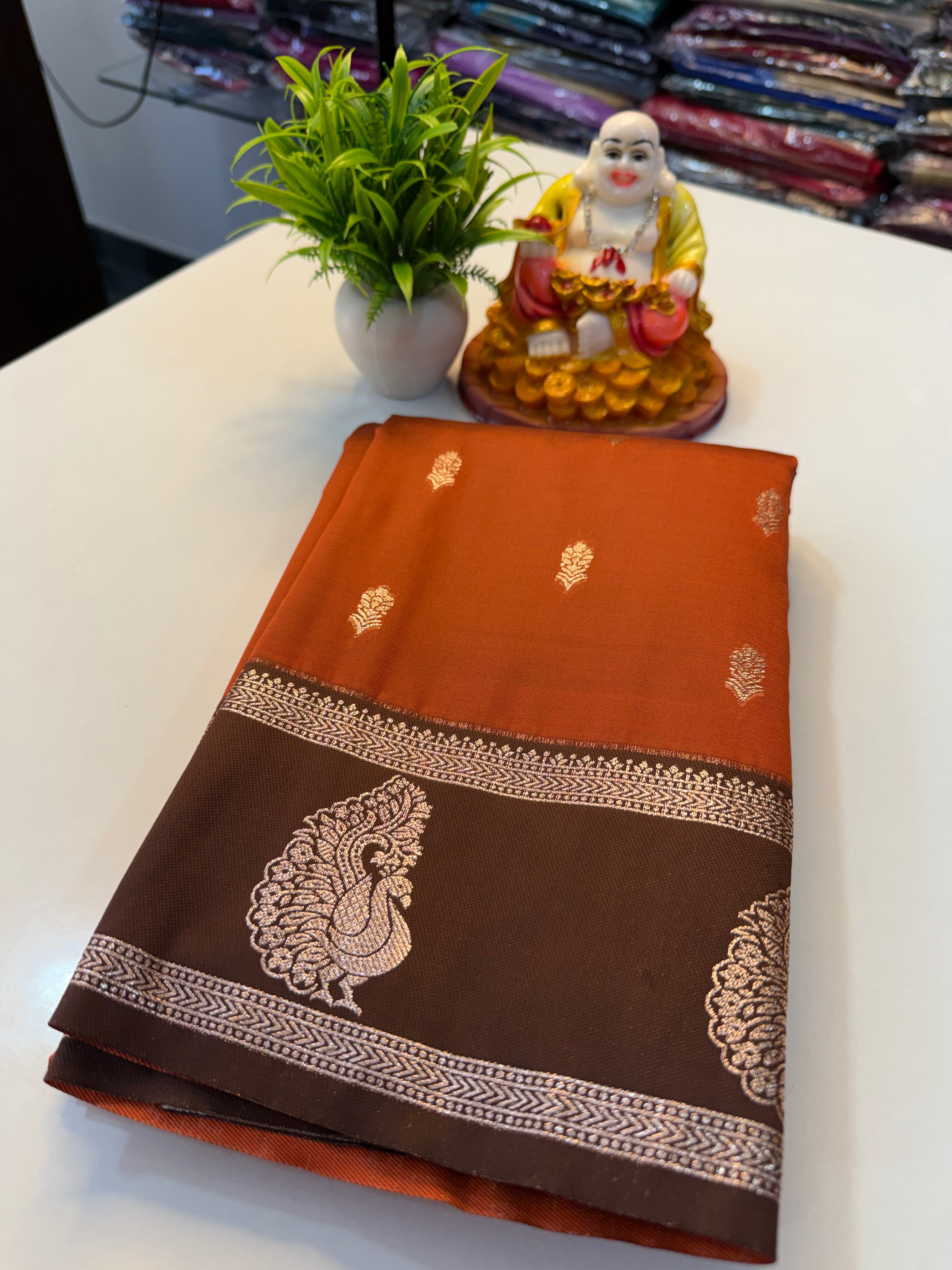 Semi Silk Saree with Buttas, Peacock Bentex Border & Rich Pallu