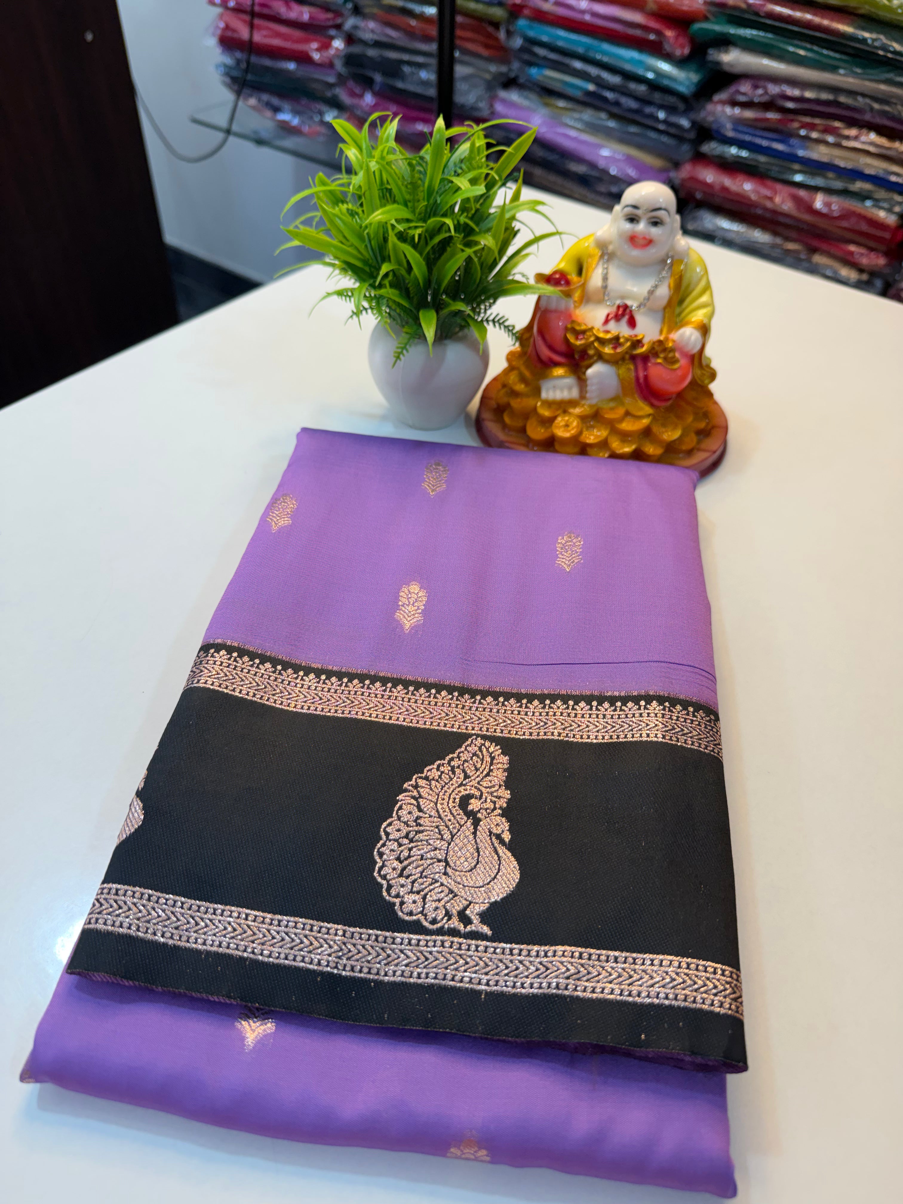 Semi Silk Saree with Buttas, Peacock Bentex Border & Rich Pallu