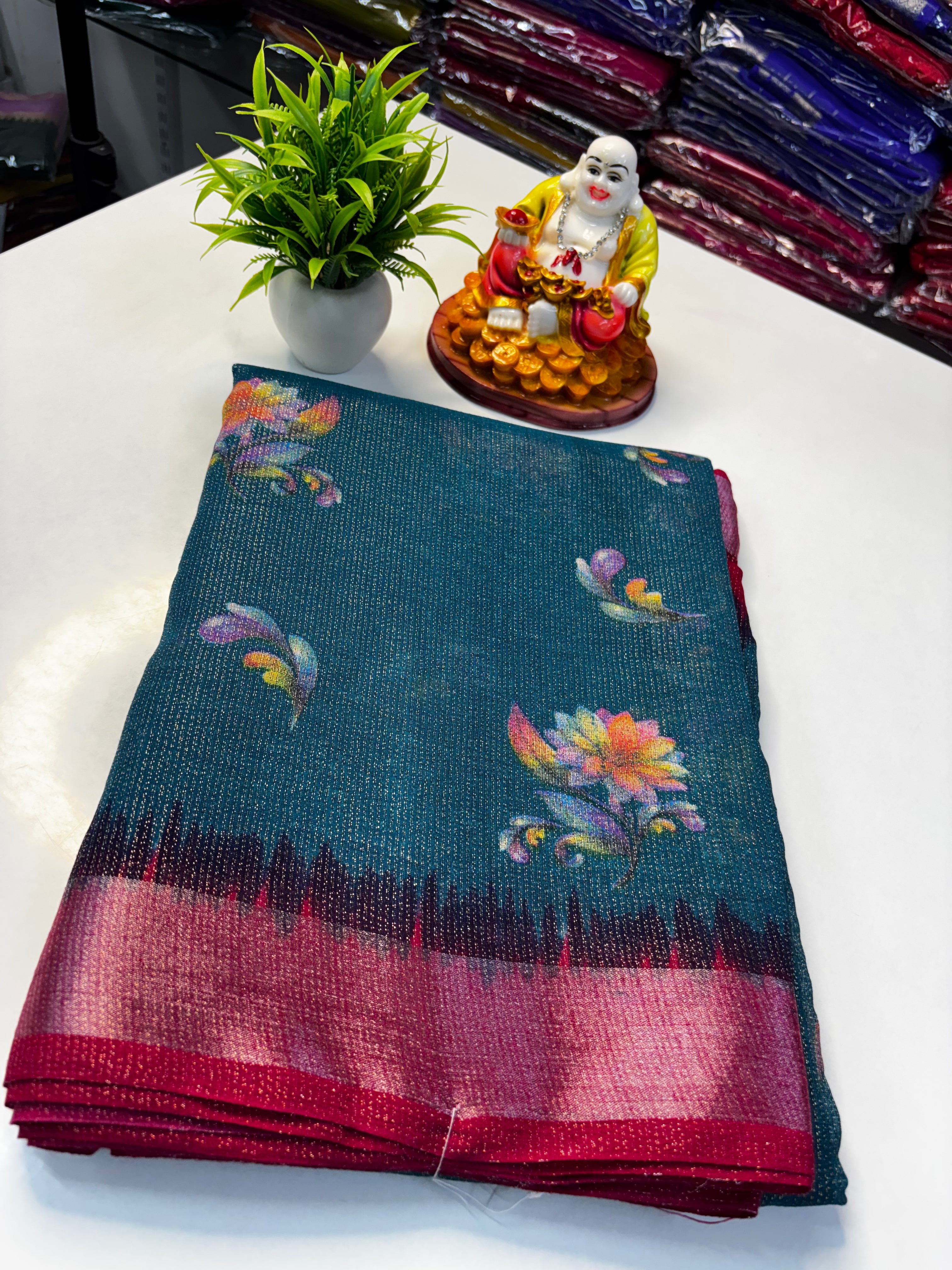 🌸 Beautiful Linen Blended Saree with Floral Design &amp; Rich Pallu