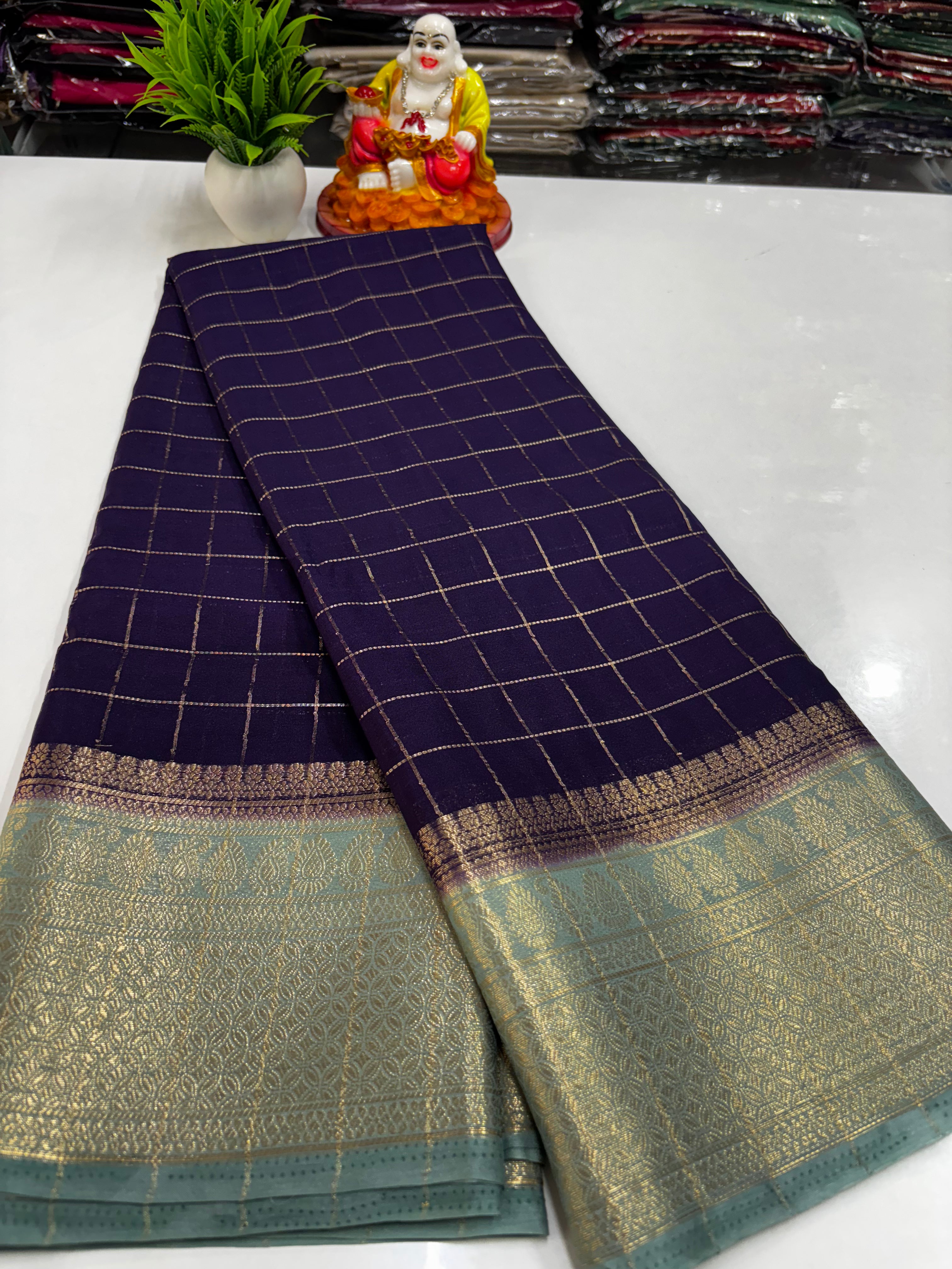 Beautiful Chiffon Saree with Chex Pattern & Contrast Border