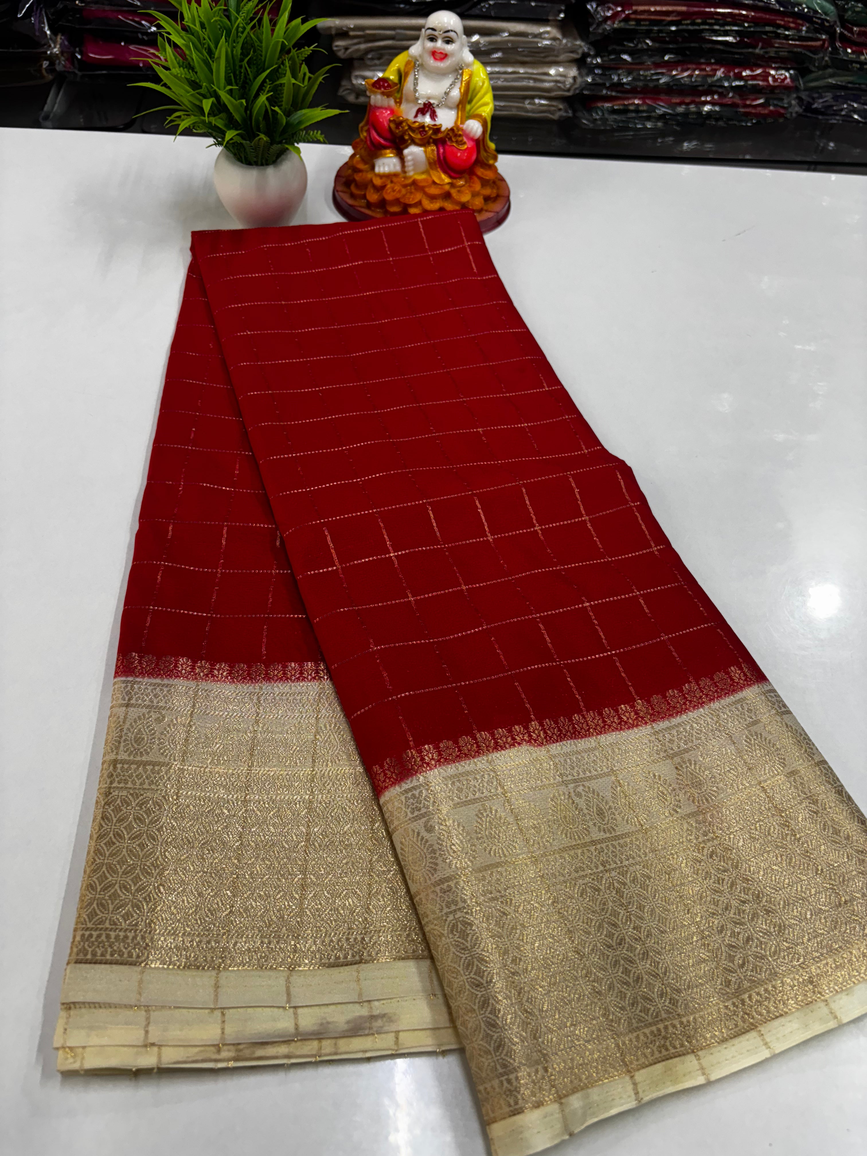 Beautiful Chiffon Saree with Chex Pattern & Contrast Border