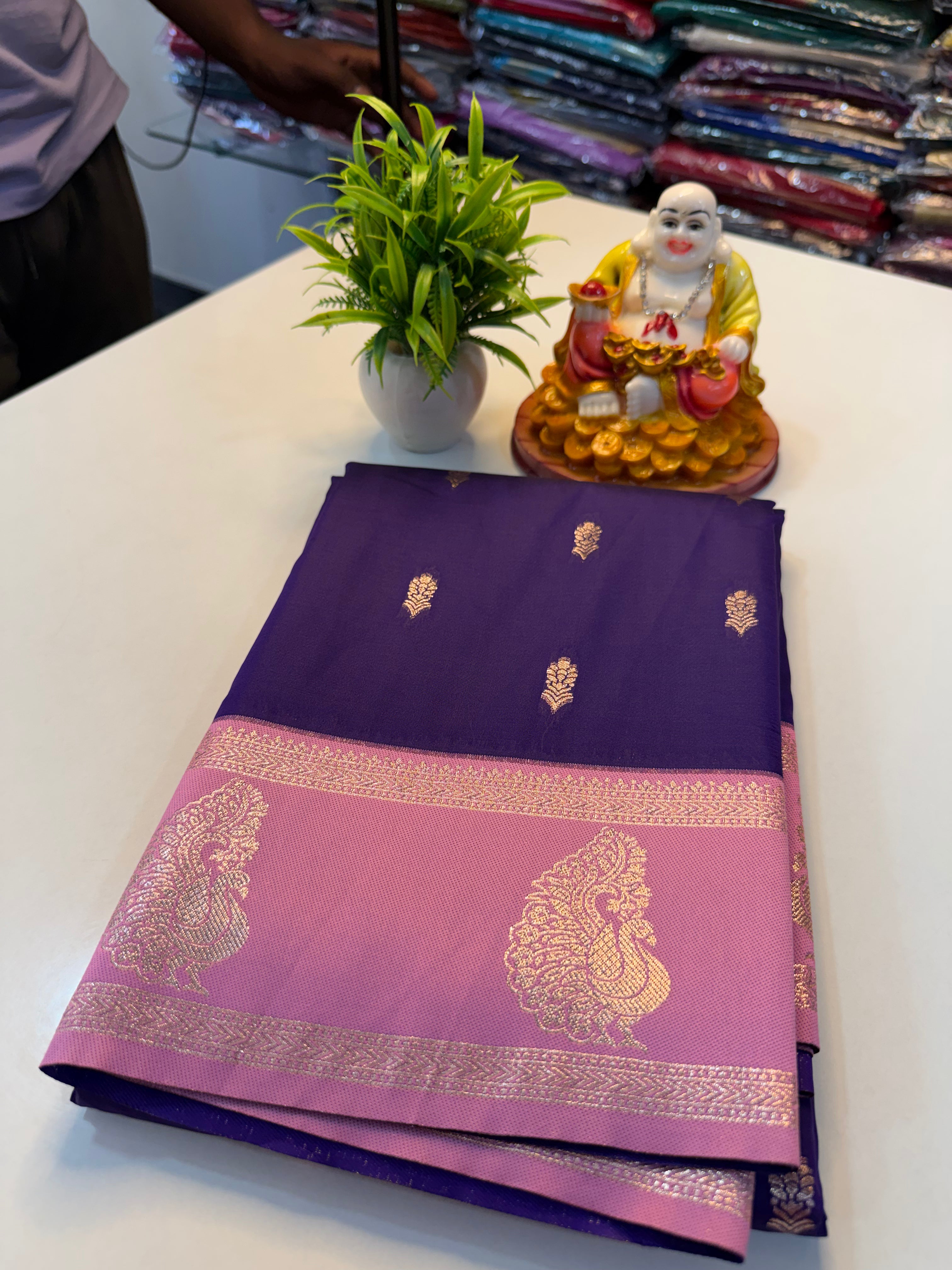Semi Silk Saree with Buttas, Peacock Bentex Border & Rich Pallu