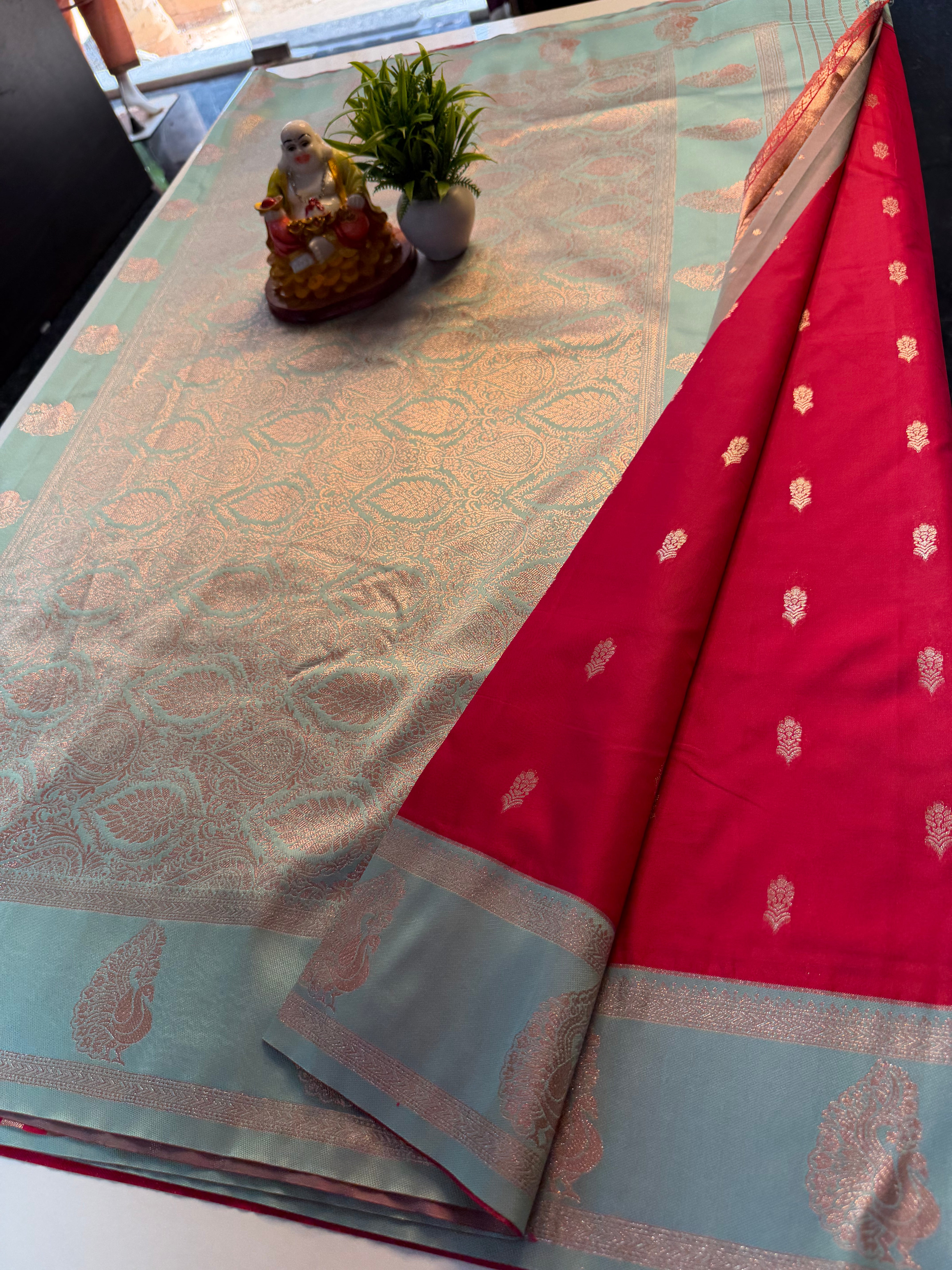 Semi Silk Saree with Buttas, Peacock Bentex Border & Rich Pallu