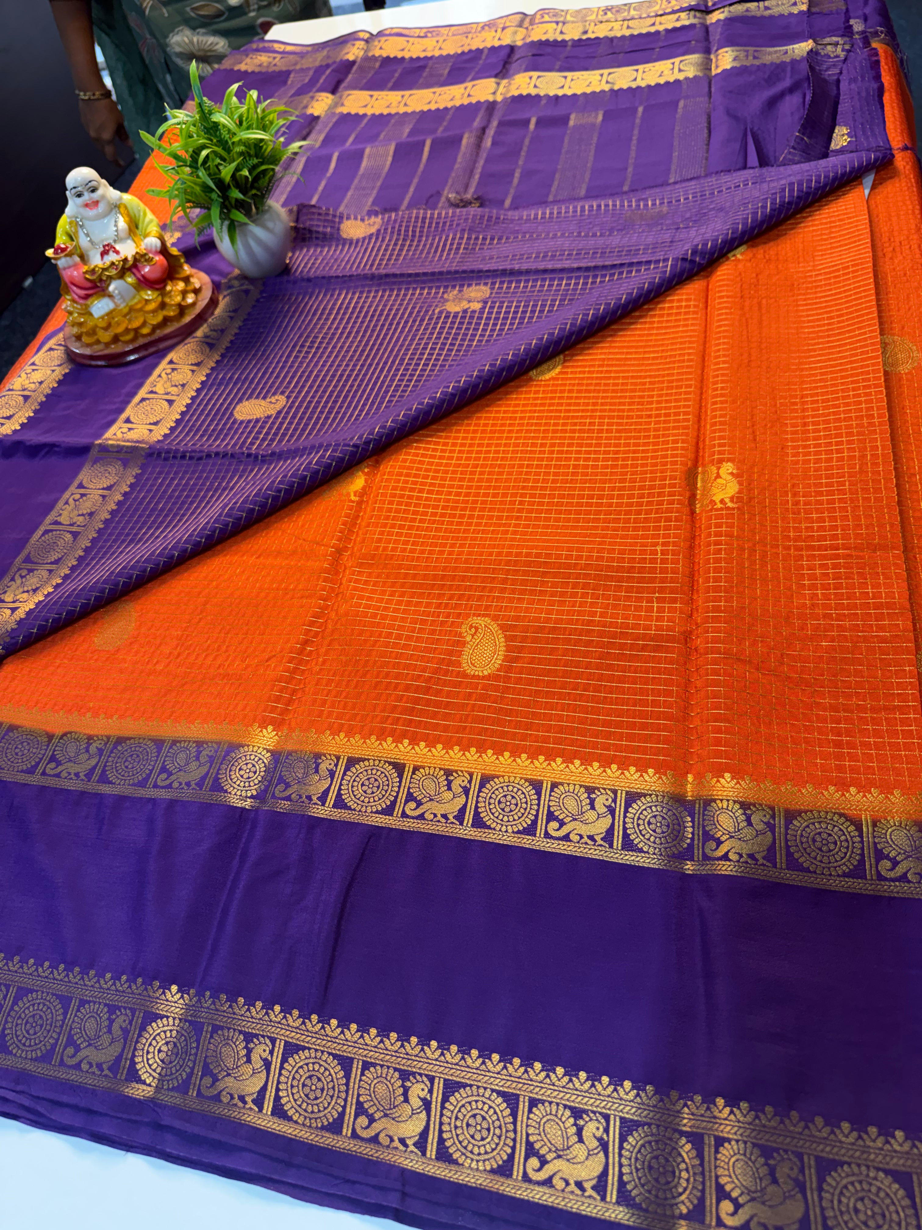 Premium Mysore Crepe Silk Saree with Checks & Peacock Bentex Border…