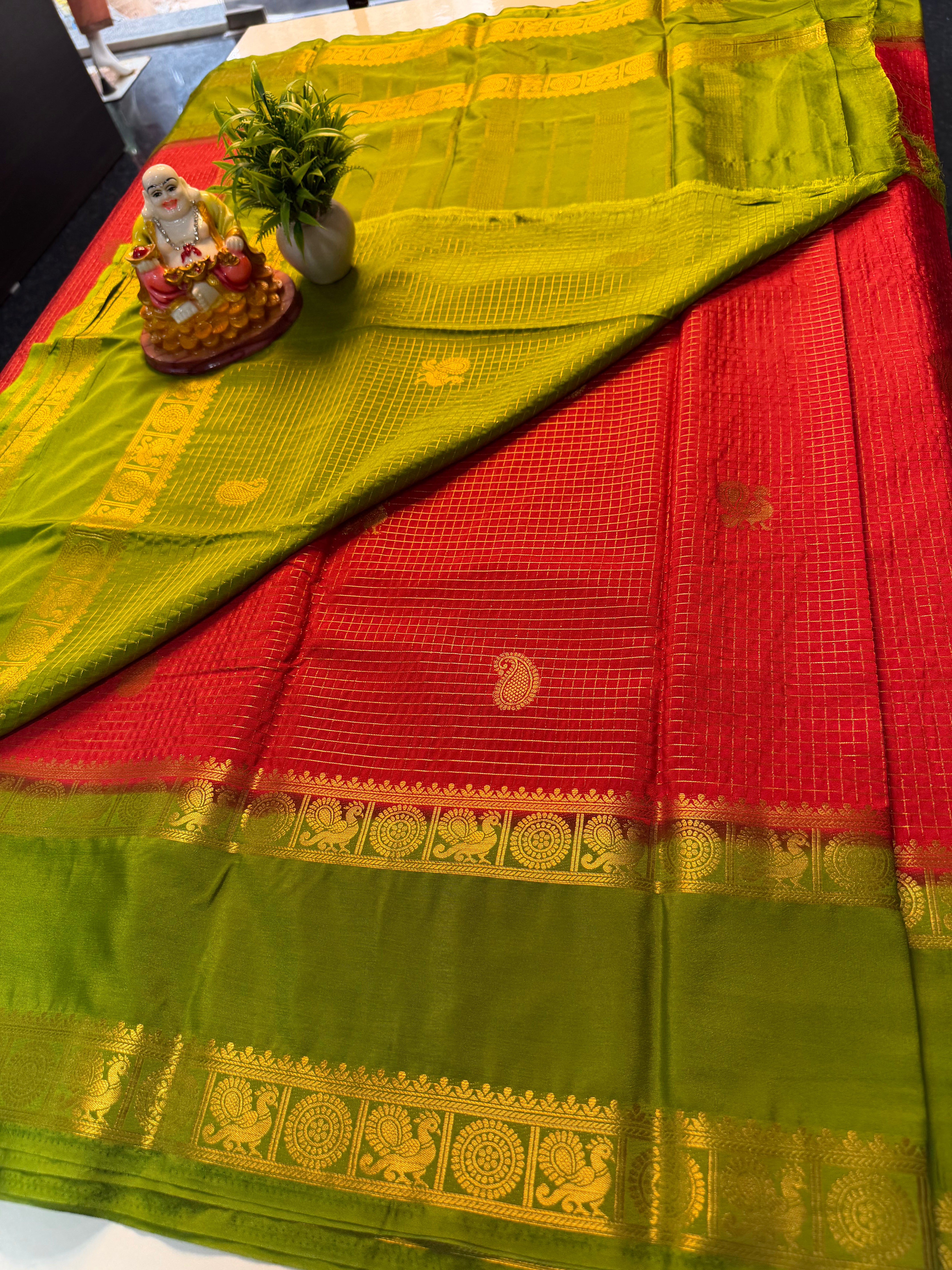 Premium Mysore Crepe Silk Saree with Checks & Peacock Bentex Border…