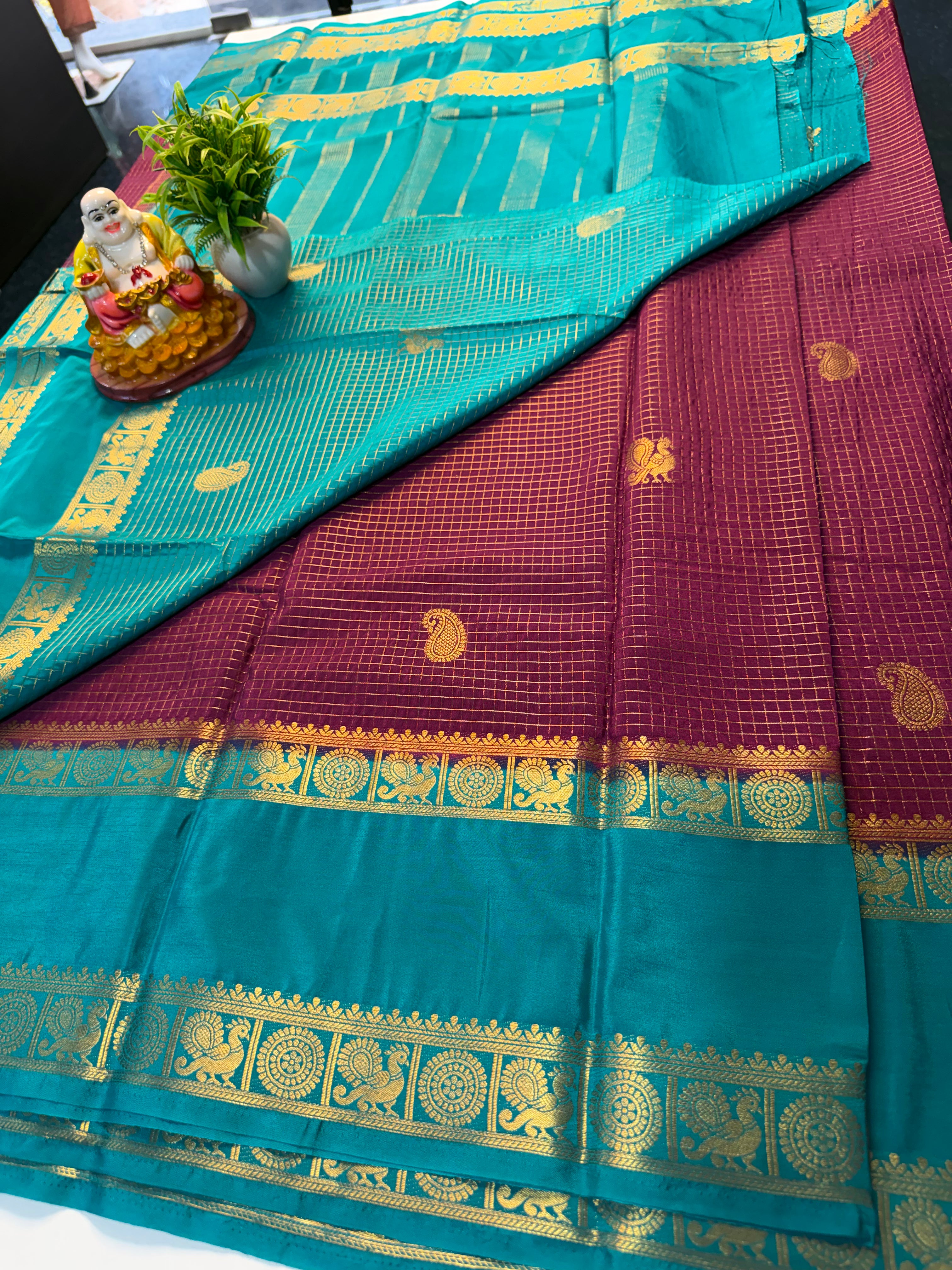 Premium Mysore Crepe Silk Saree with Checks & Peacock Bentex Border…