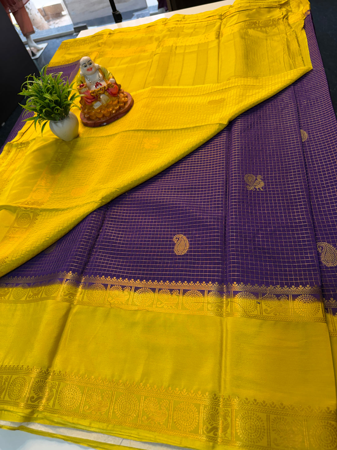 Premium Mysore Crepe Silk Saree with Checks & Peacock Bentex Border…