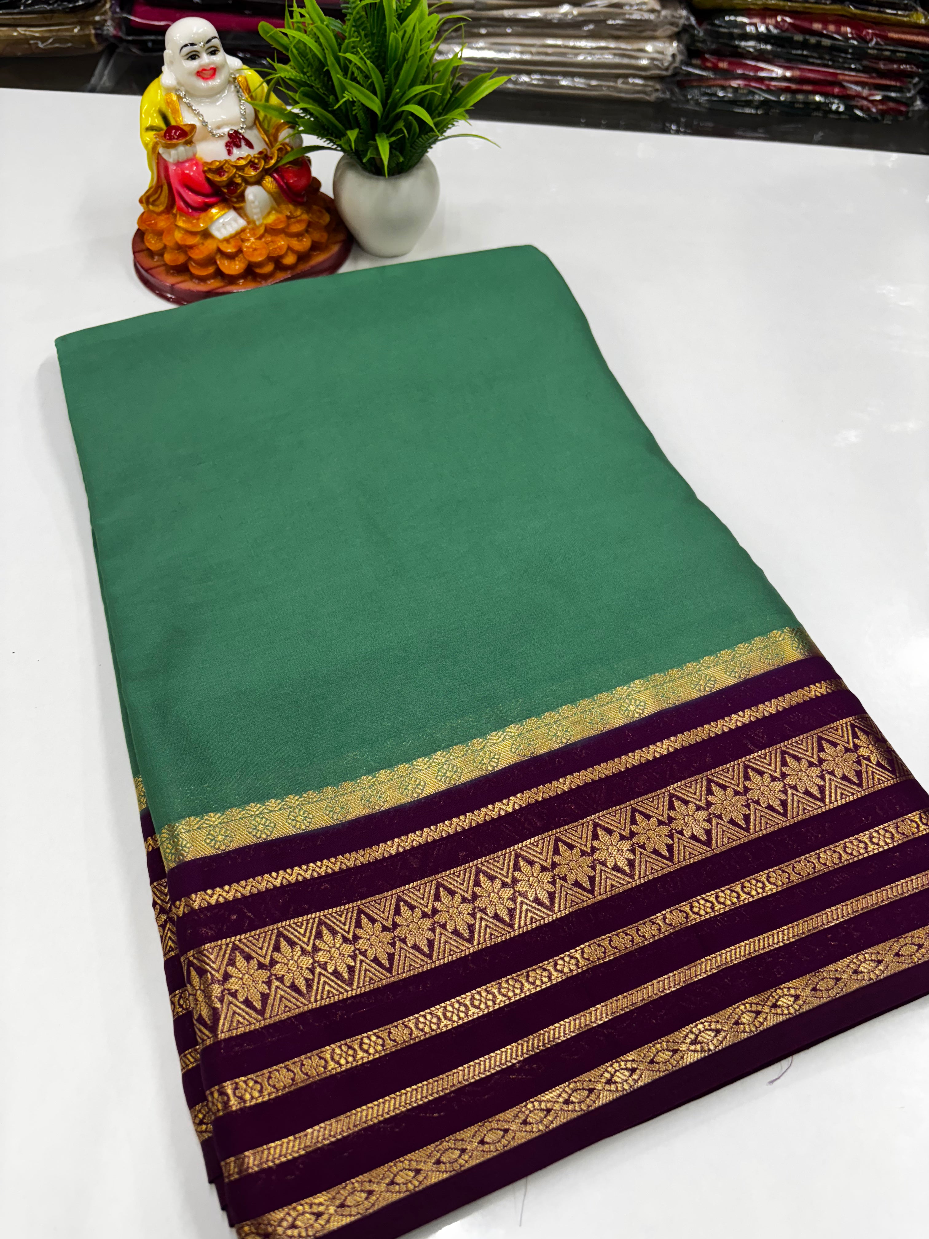 Mysore Crepe Silk Saree with Contrast Border & Rich Pallu – Padmavathi Silks and Sarees