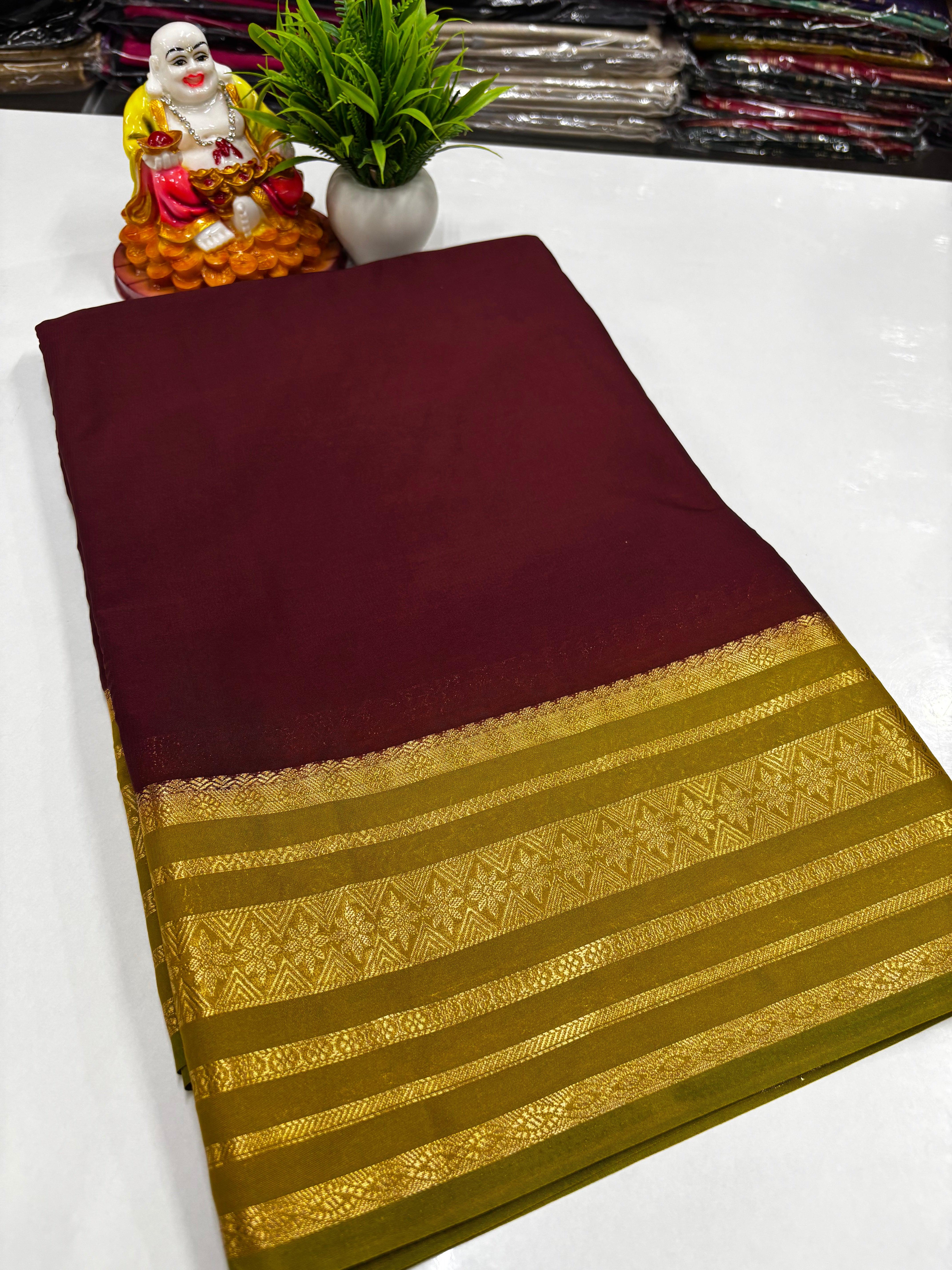 Mysore Crepe Silk Saree with Contrast Border & Rich Pallu – Padmavathi Silks and Sarees