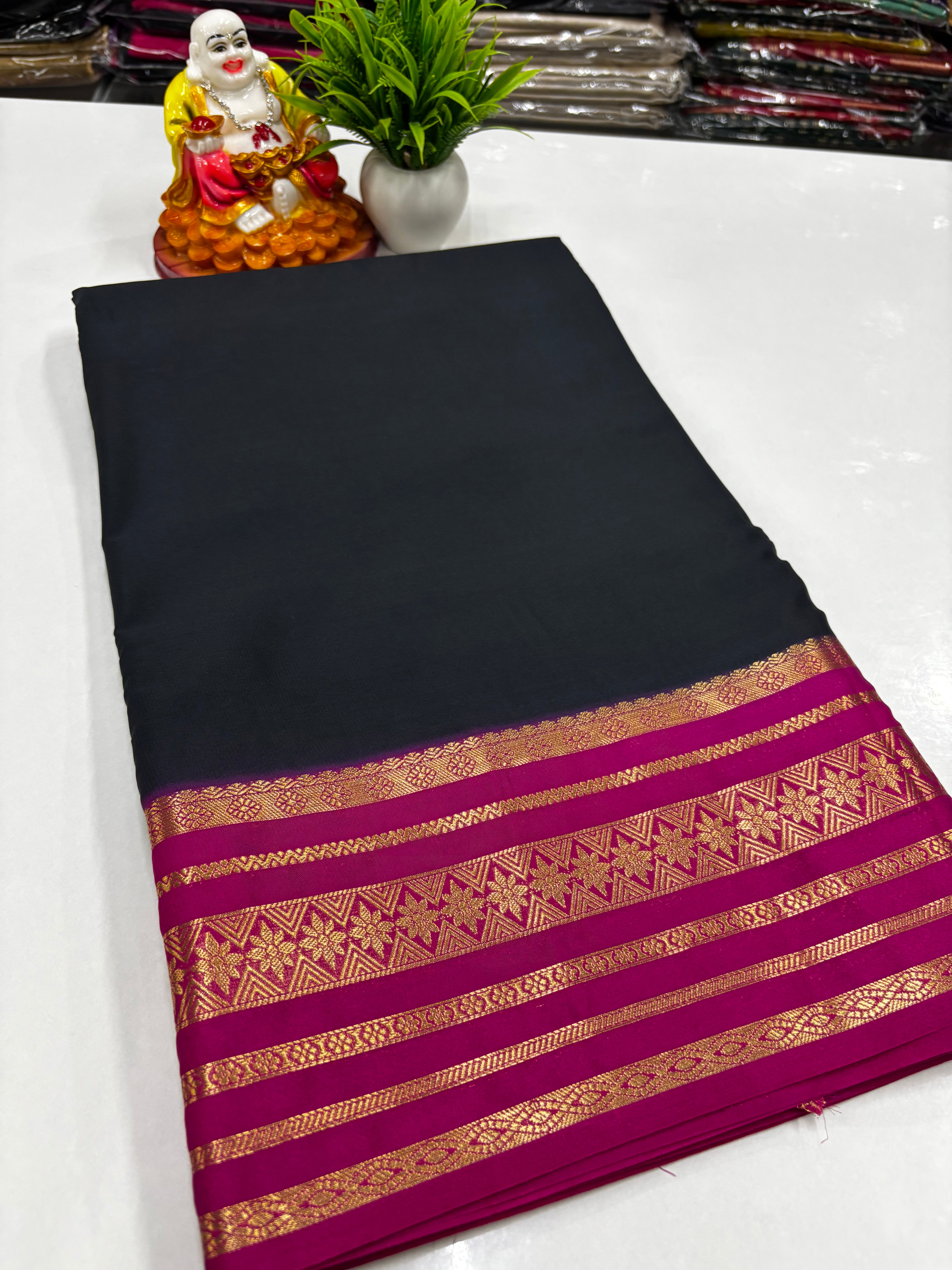 Mysore Crepe Silk Saree with Contrast Border & Rich Pallu – Padmavathi Silks and Sarees